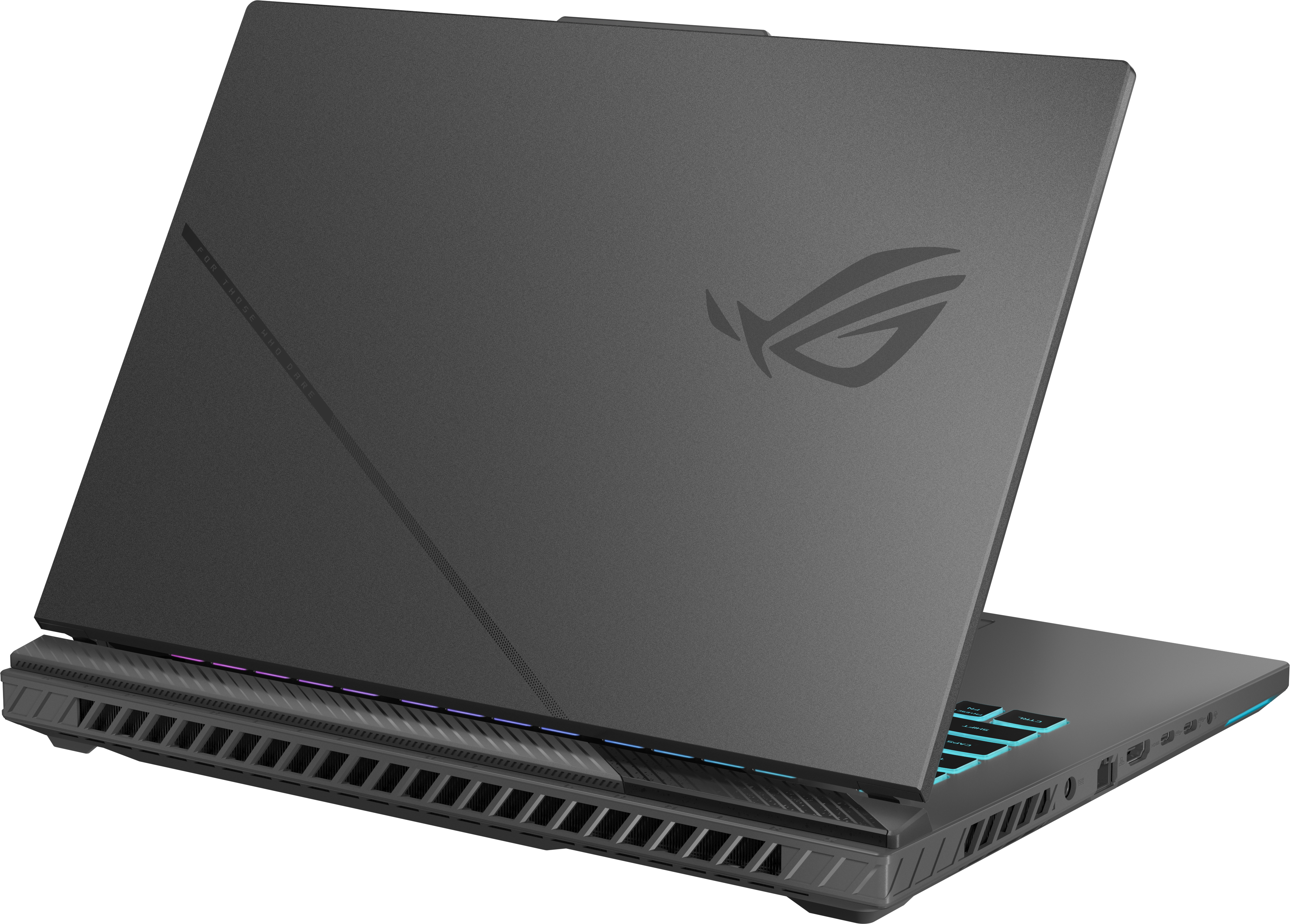 Un ordinateur portable gaming gris avec clavier rétroéclairé et logo ROG.