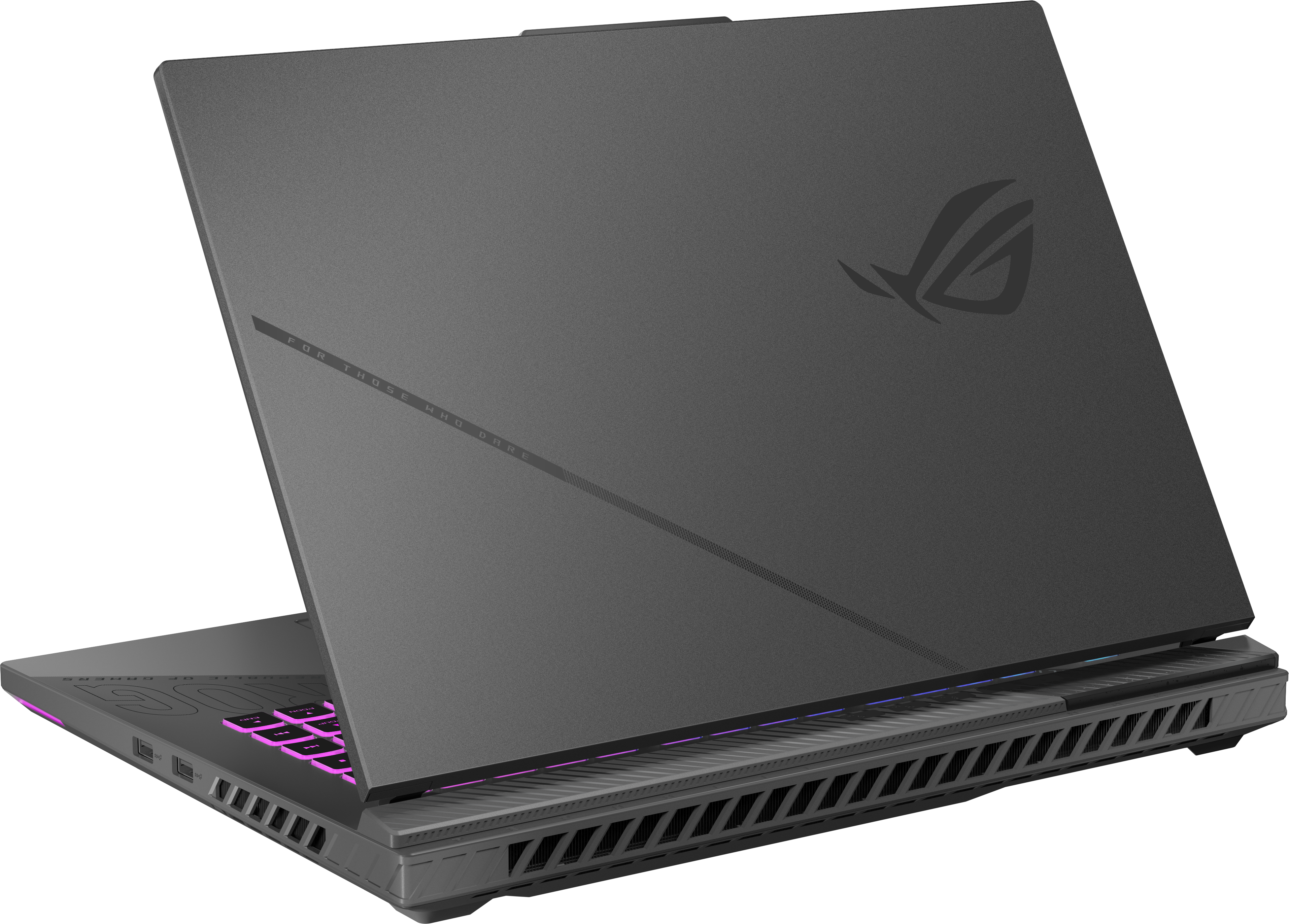 Un ordinateur portable gamer gris avec clavier violet lumineux et logo ROG.