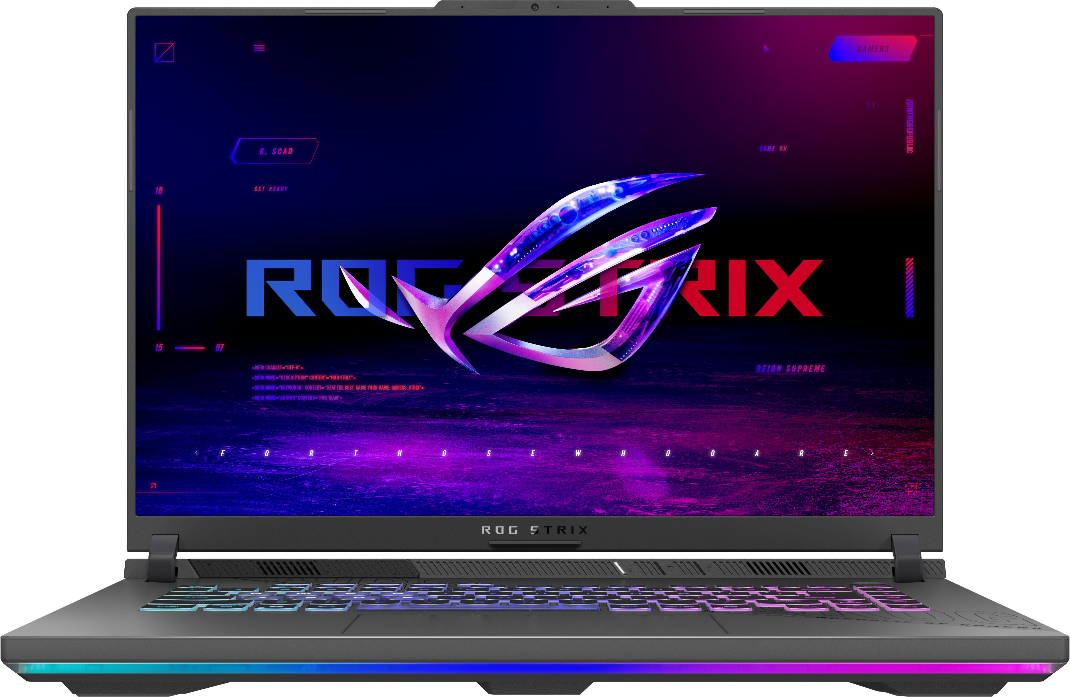 Un ordinateur portable gaming ROG Strix avec clavier rétroéclairé et bandes lumineuses RGB.