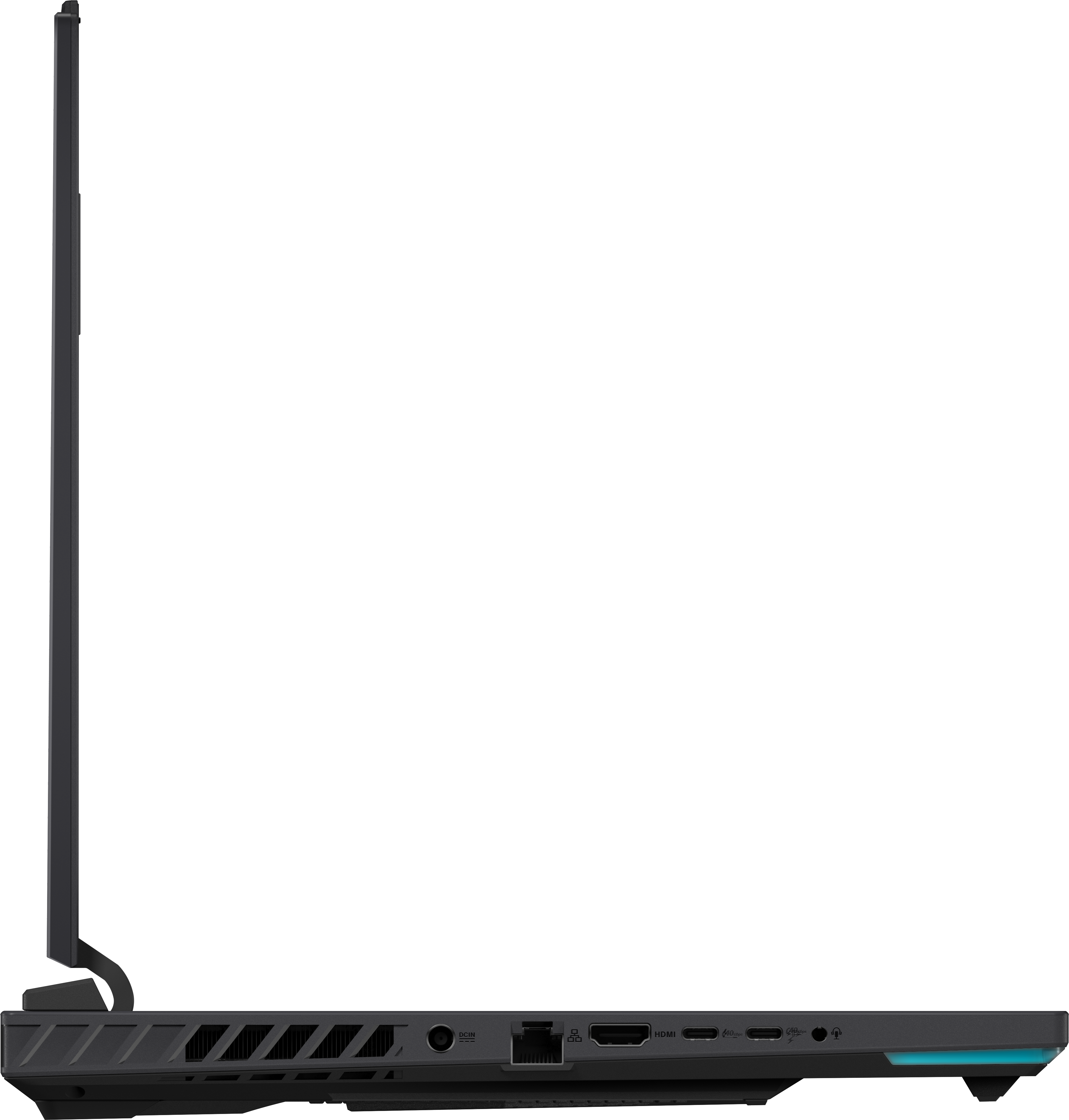 Ordinateur portable noir vu de côté, avec des ports USB-C, HDMI et prise casque.