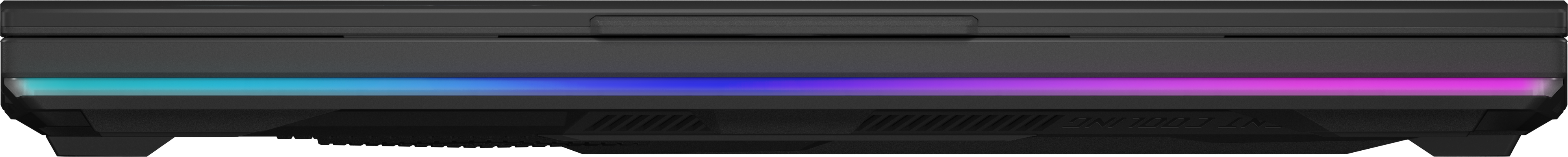 Ordinateur portable noir avec une barre lumineuse RVB brillante affichant des couleurs bleu et violet.