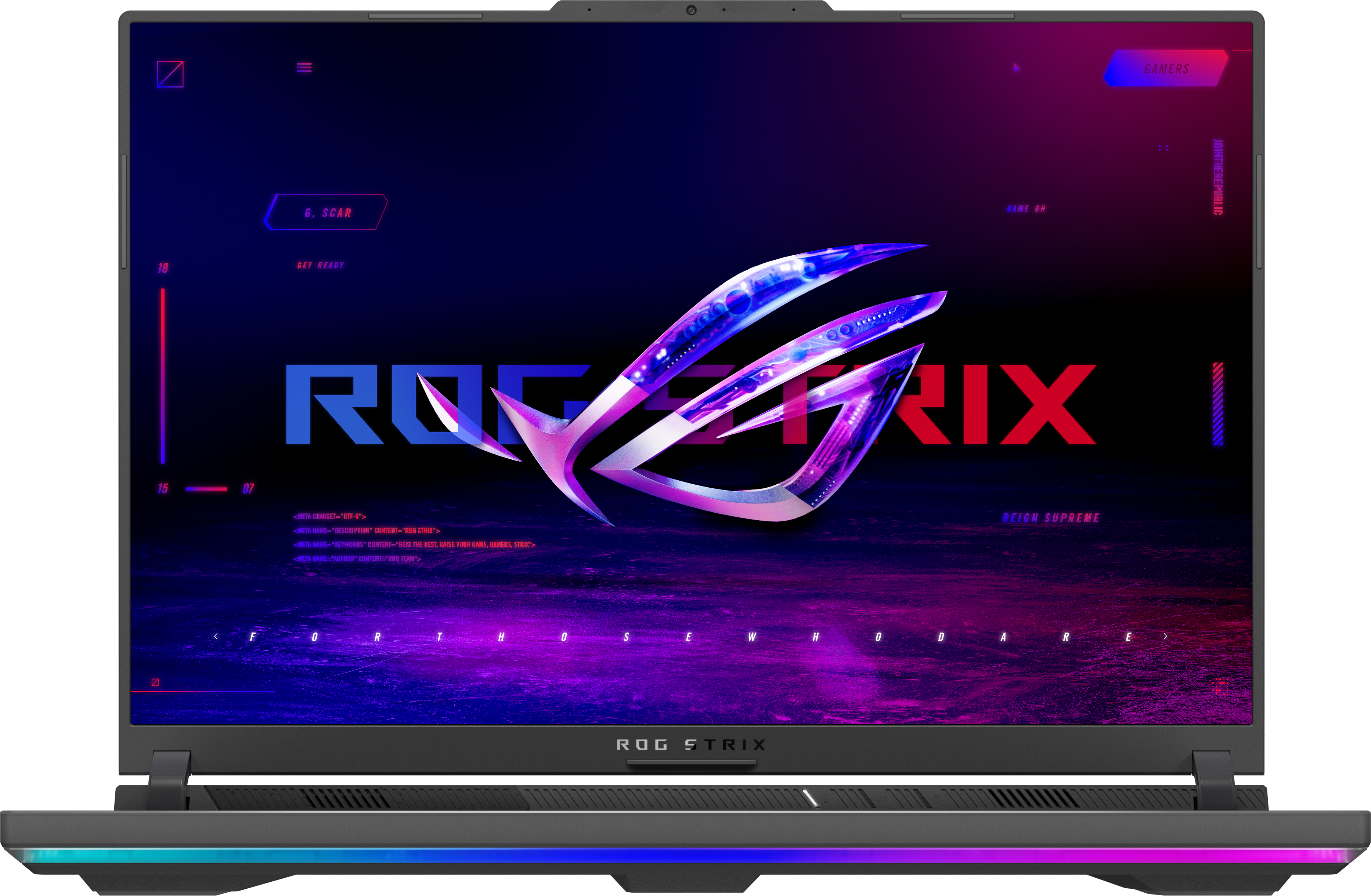 Un écran d'ordinateur portable affichant le logo ROG Strix avec des accents néon.
