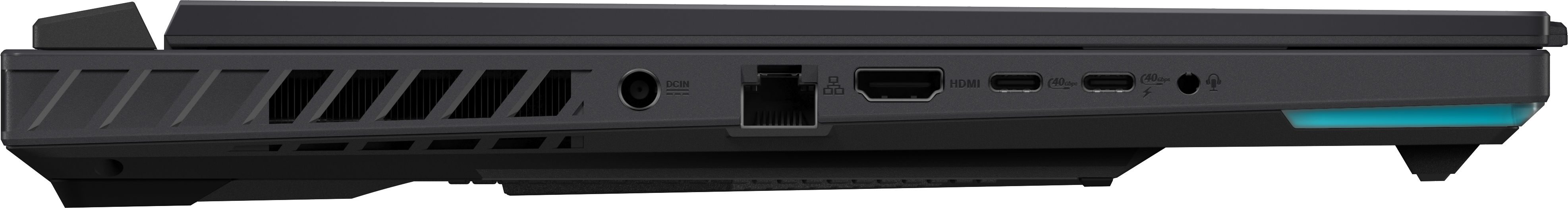 Ordinateur portable noir avec ports : DCIN, Ethernet, HDMI, USB-C, prise audio.