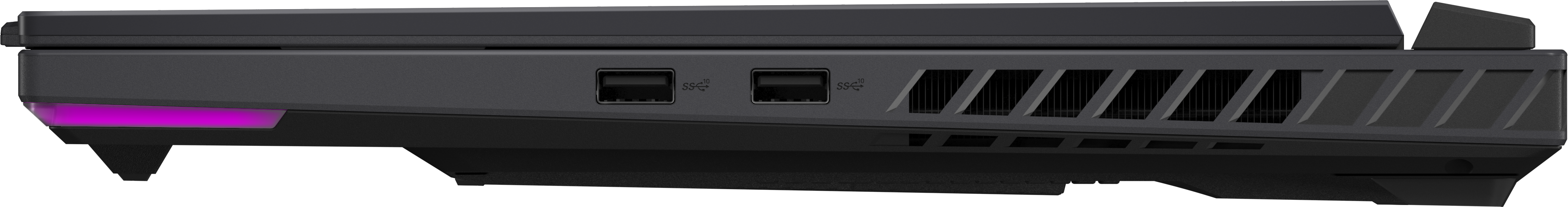 Côté d'ordinateur portable noir avec ports USB et éclairage violet.