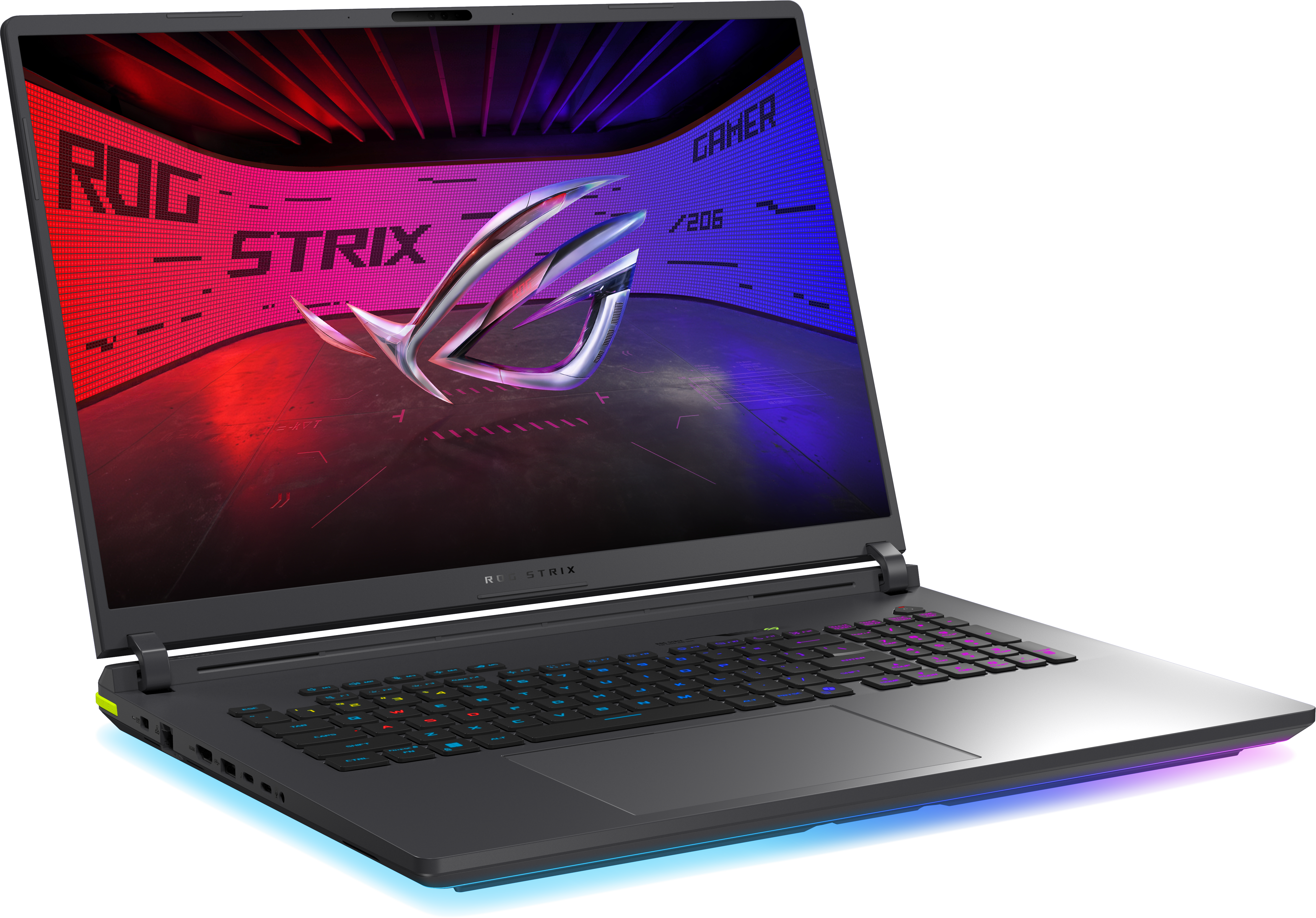 Schwarzer Laptop mit beleuchteter Tastatur und ROG-Logo auf dem Bildschirm.