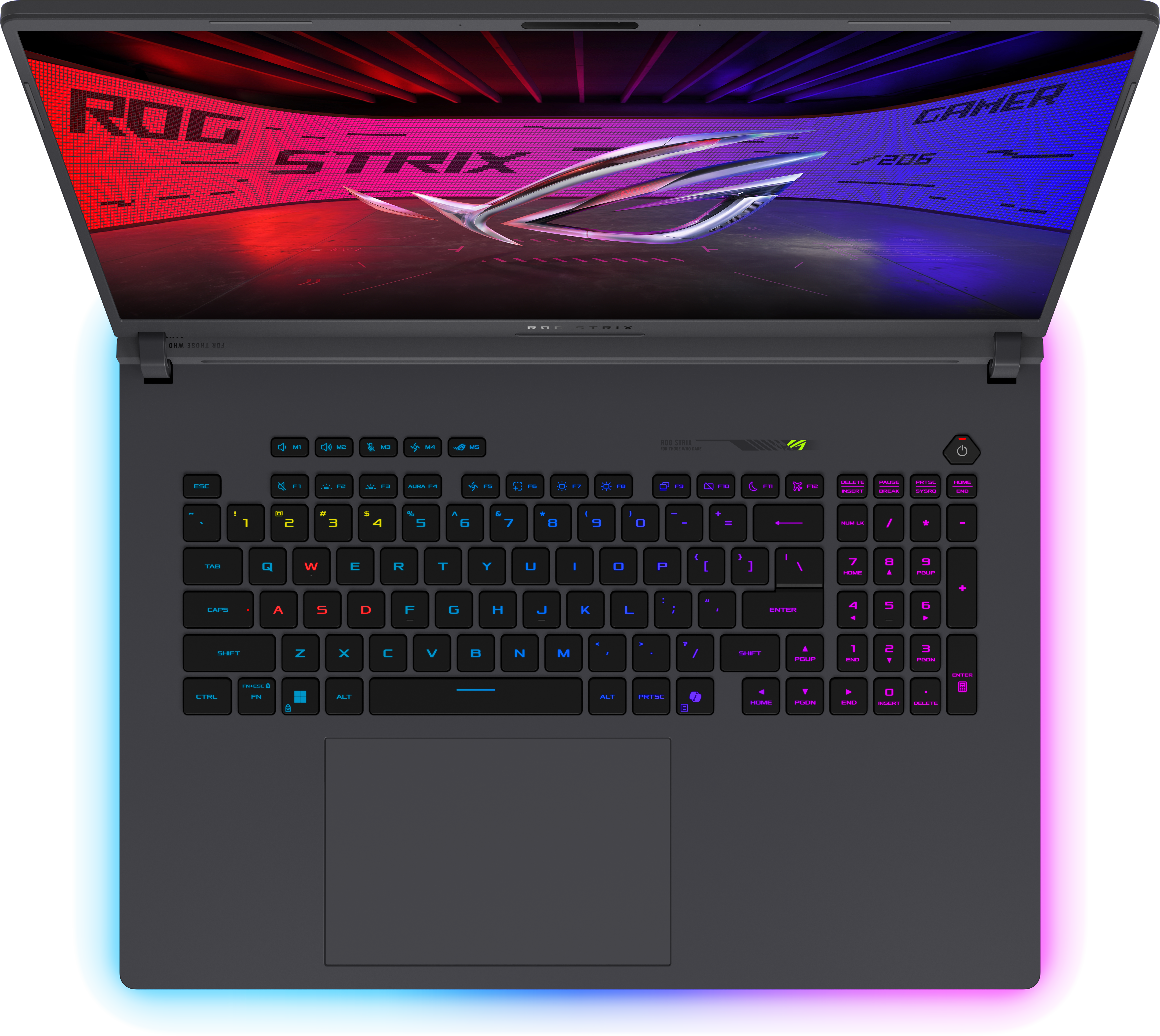 Ein geöffneter Gaming-Laptop mit RGB-Beleuchtung und beleuchteter Tastatur.