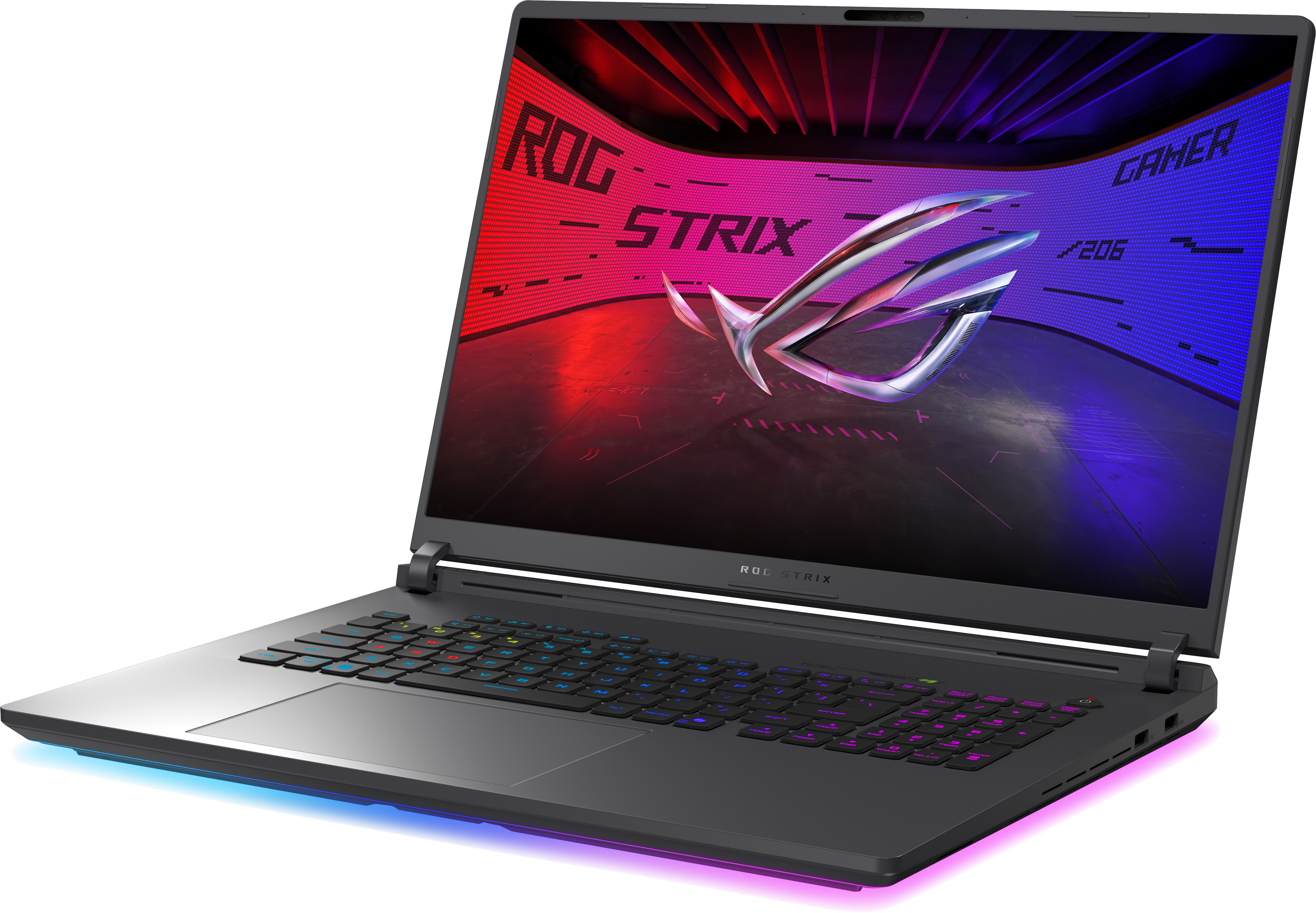 Ein dunkler Gaming-Laptop mit beleuchteter Tastatur und RGB-Beleuchtung.