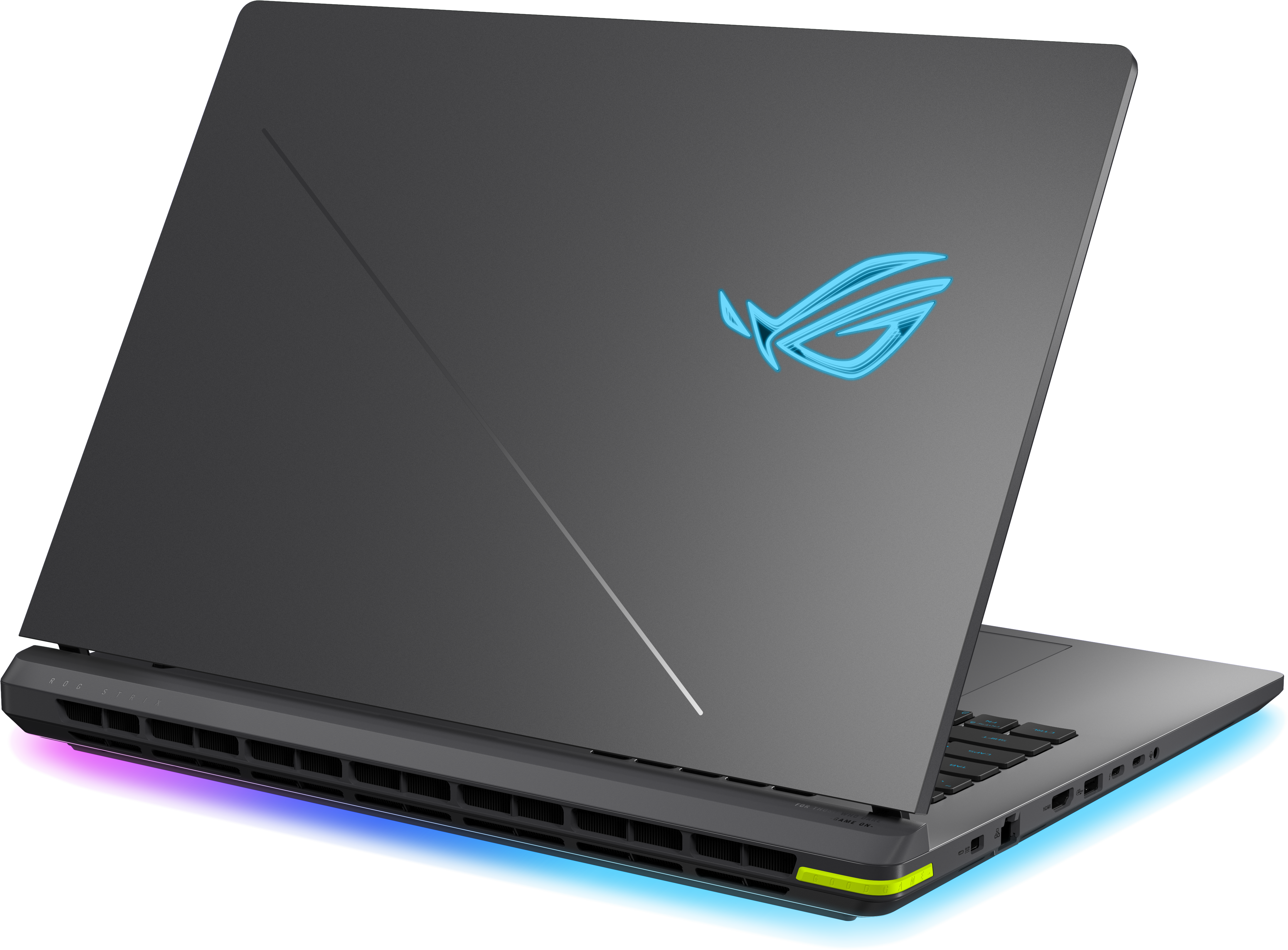 Grauer Laptop mit leuchtendem ROG-Logo und RGB-Beleuchtung am unteren Rand.