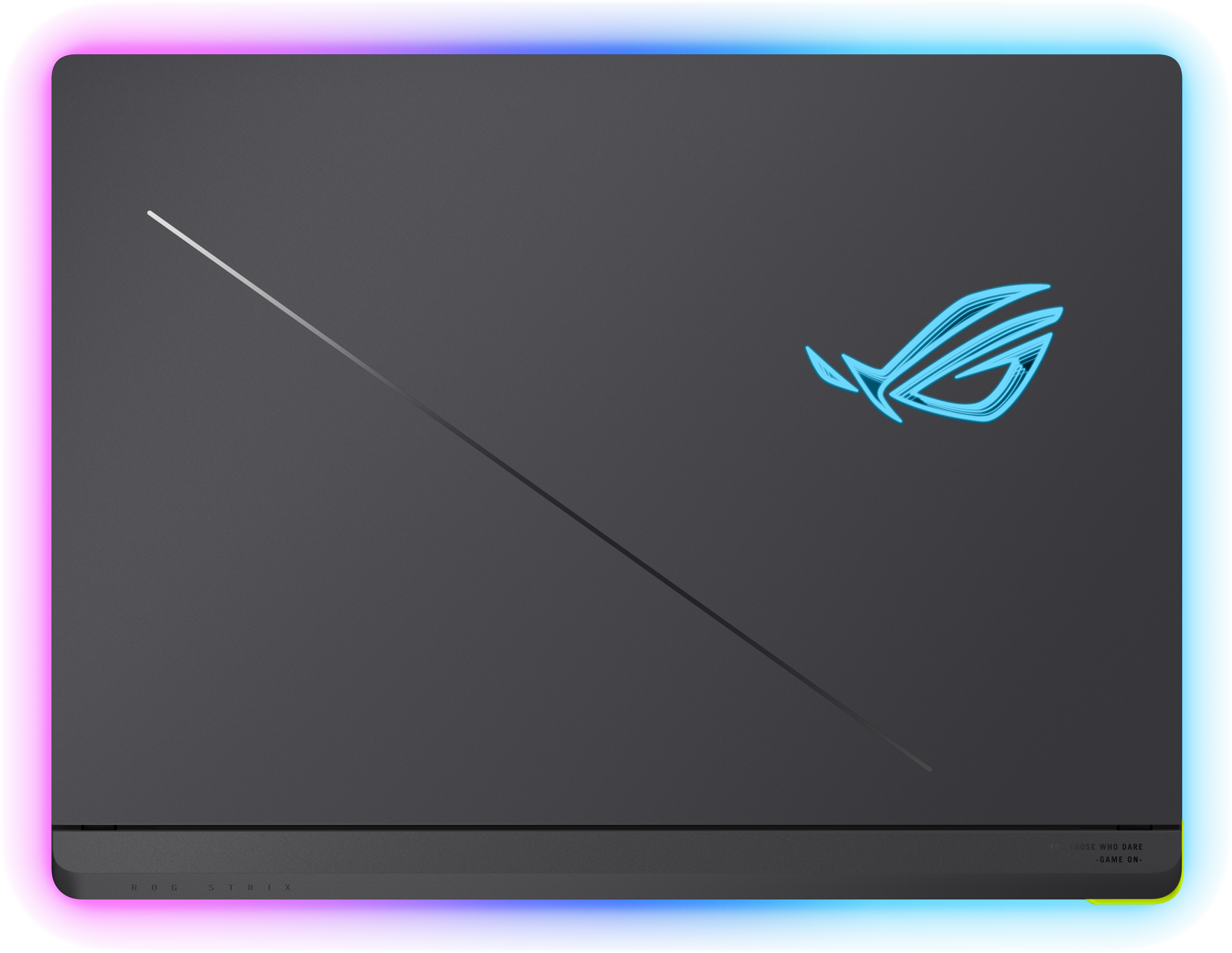 Grauer Laptop mit blauem ROG-Logo und RGB-Beleuchtung.