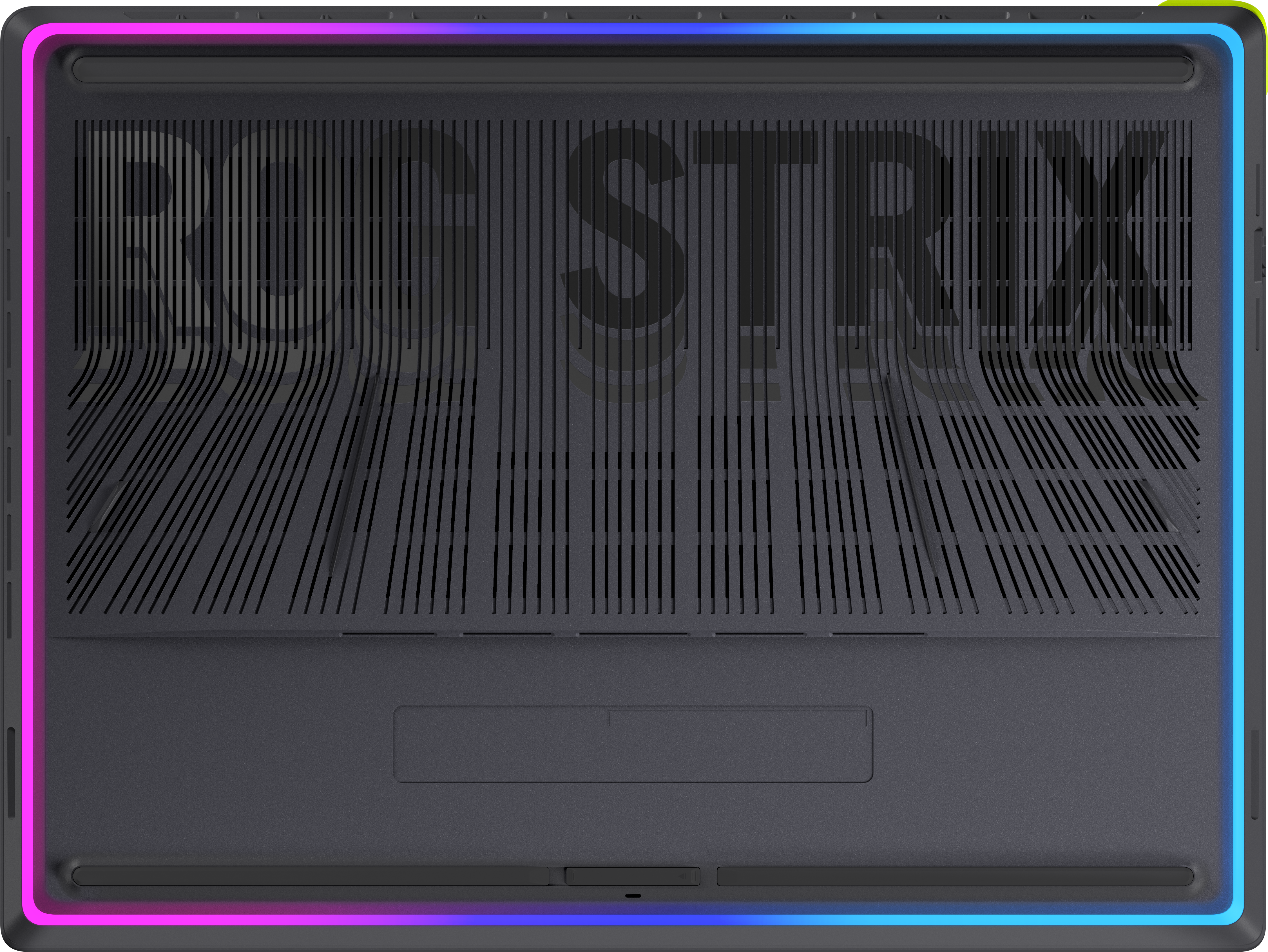 Unterseite eines Laptops mit Lüftungsschlitzen und RGB-Beleuchtung.