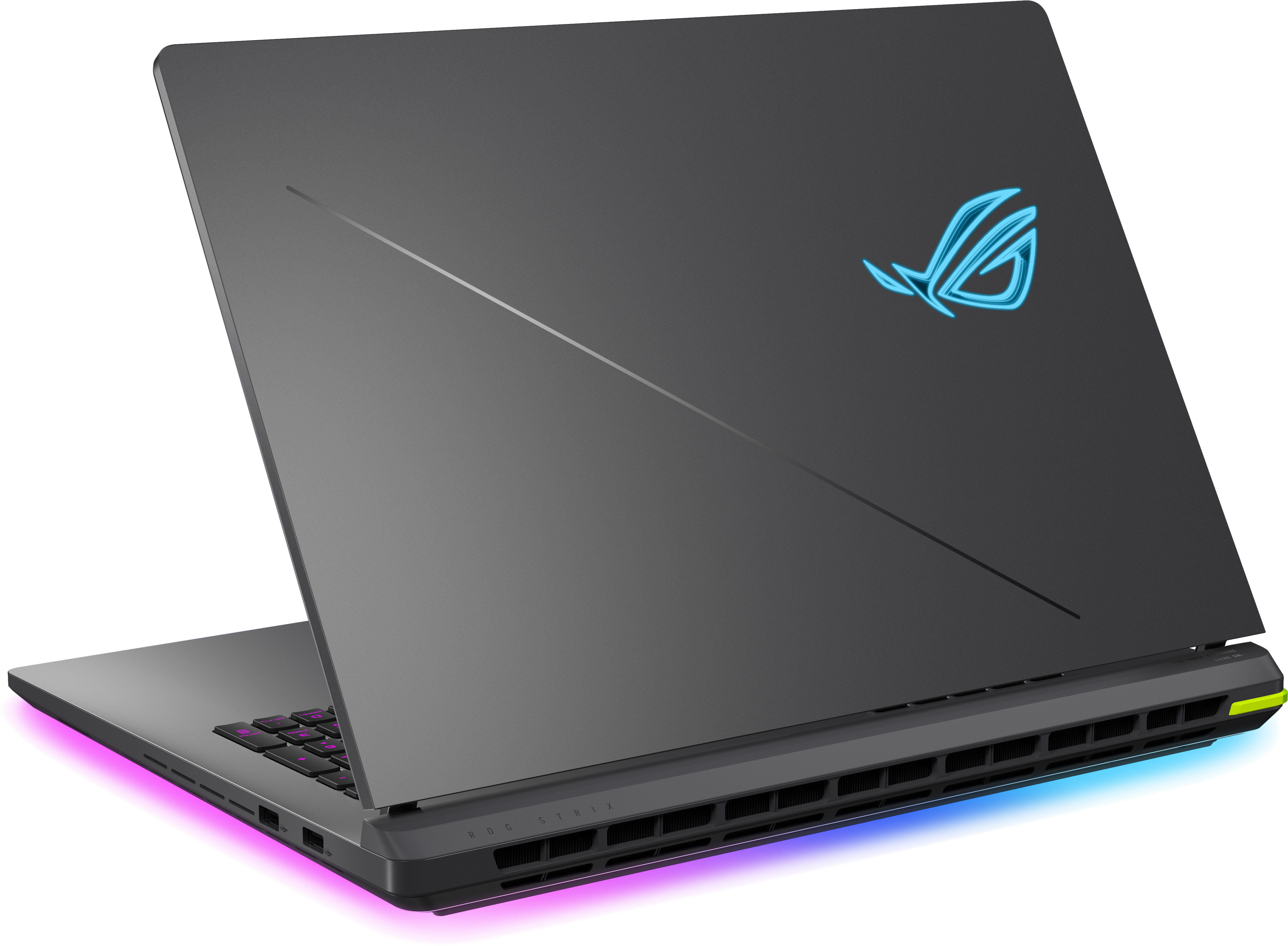 Grauer Laptop mit leuchtend blauem Logo und RGB-Beleuchtung.