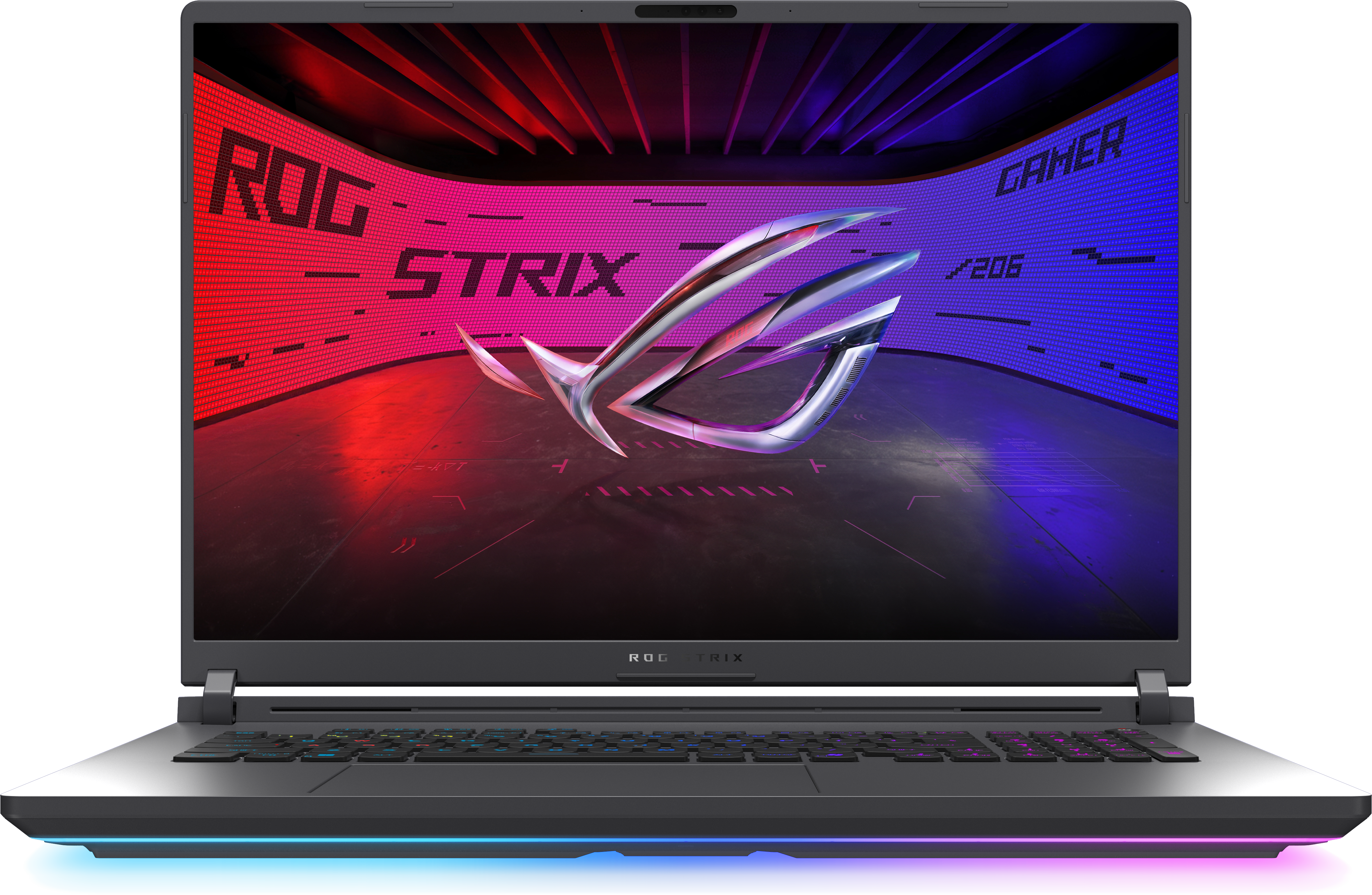 Ein offener Gaming-Laptop mit beleuchteter Tastatur und ROG-Logo.