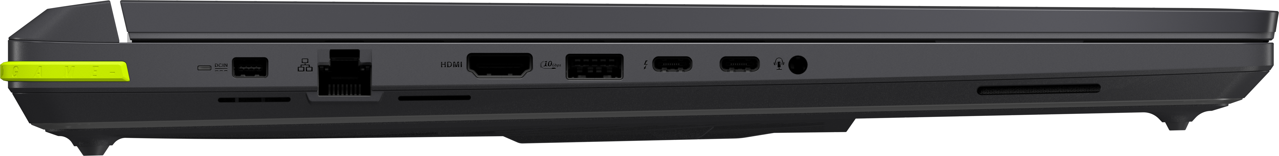 Seitenansicht eines schwarzen Laptops mit Anschlüssen und einem gelben Akzent.