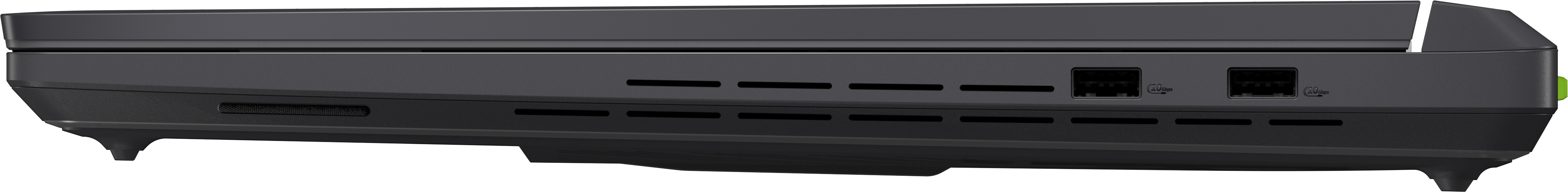 Graues Laptop-Gehäuse mit Lüftungsschlitzen und USB-Anschlüssen.