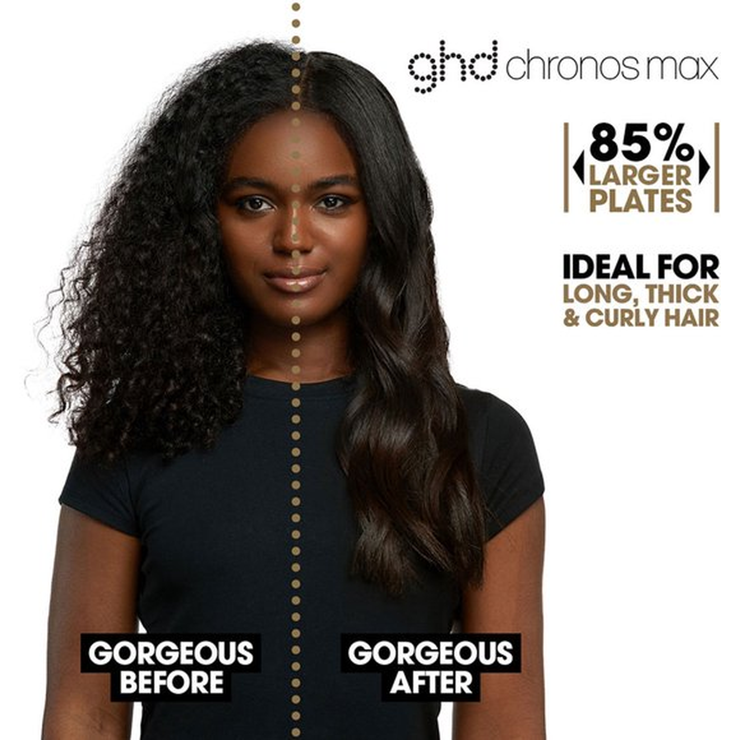 Before/after hair comparison with GHD Chronos Max, 85% larger plates.