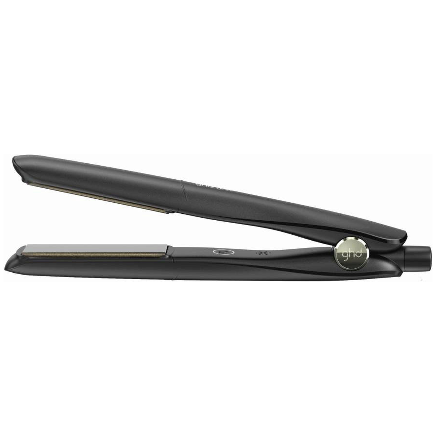 Black hair straightener with silver heating plates and GHD logo.