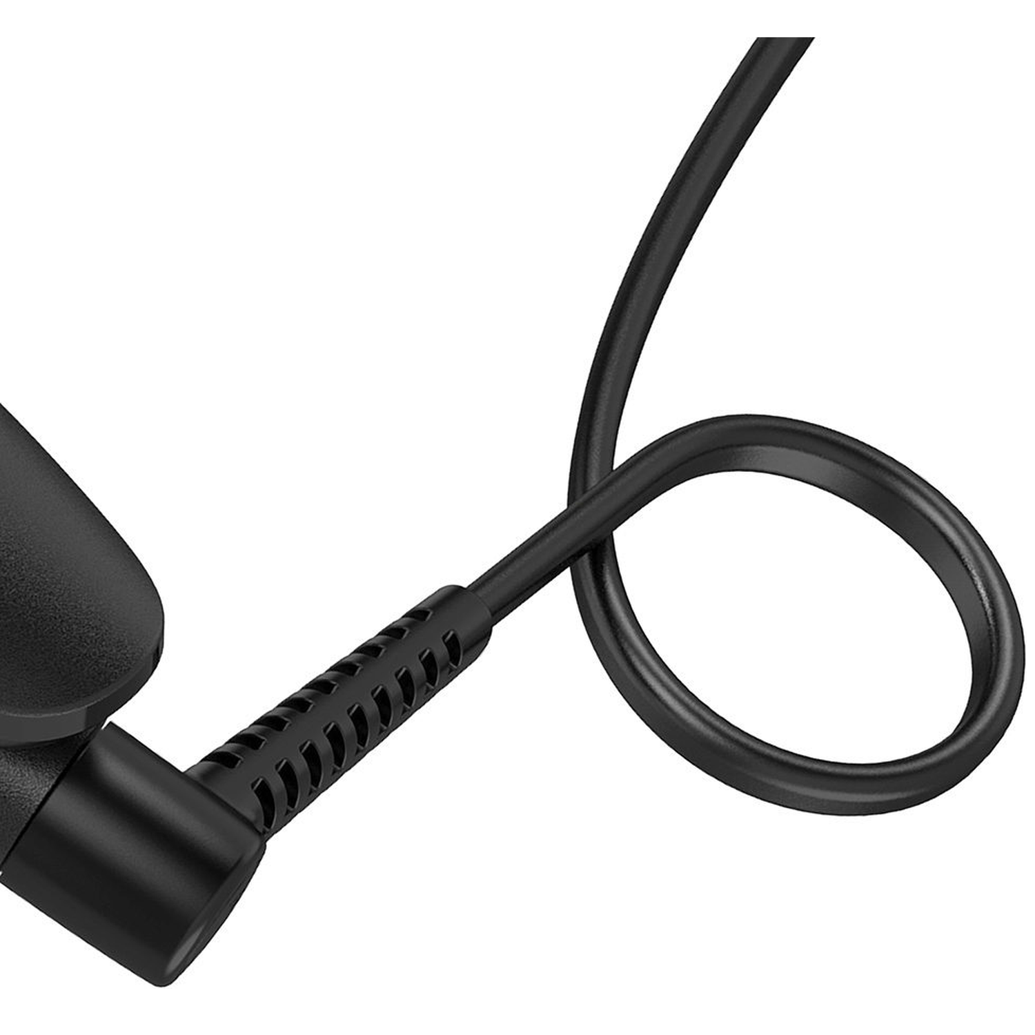 Black headphone cable connector with ribbed shaft and loop.