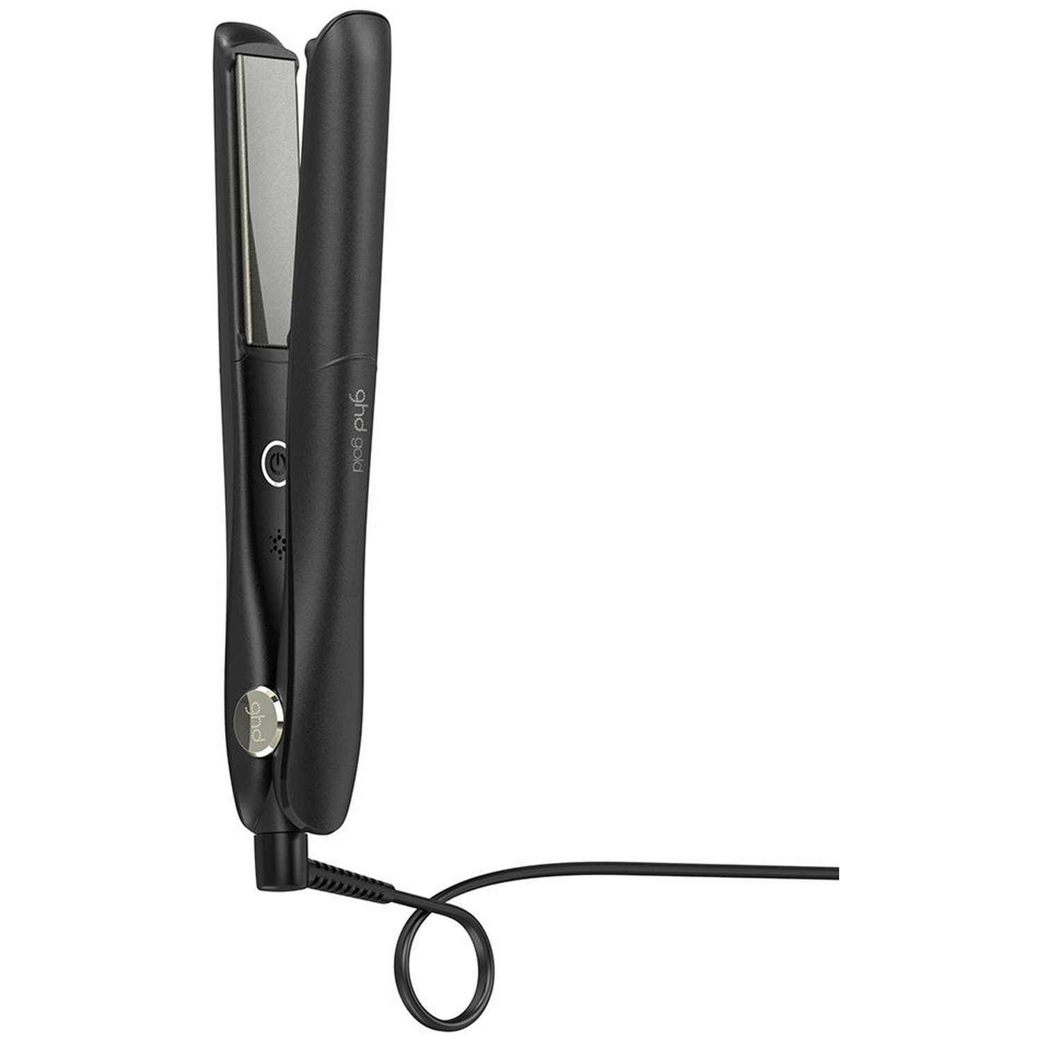 A black hair straightener with silver heating plates and a cord.