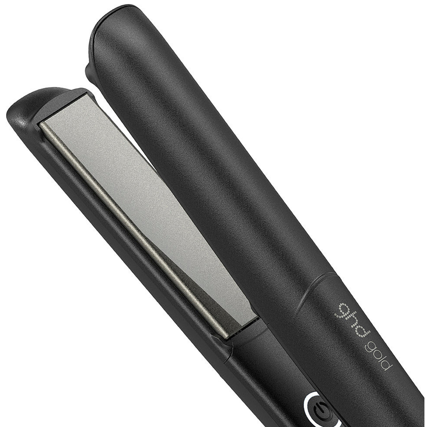 A black hair straightener with silver heating plates and the 'ghd gold' logo.