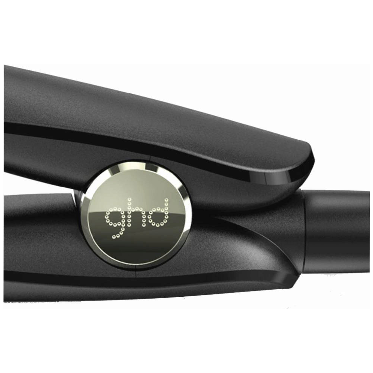 Black hair straightener with a shiny GHD logo on a round disk.