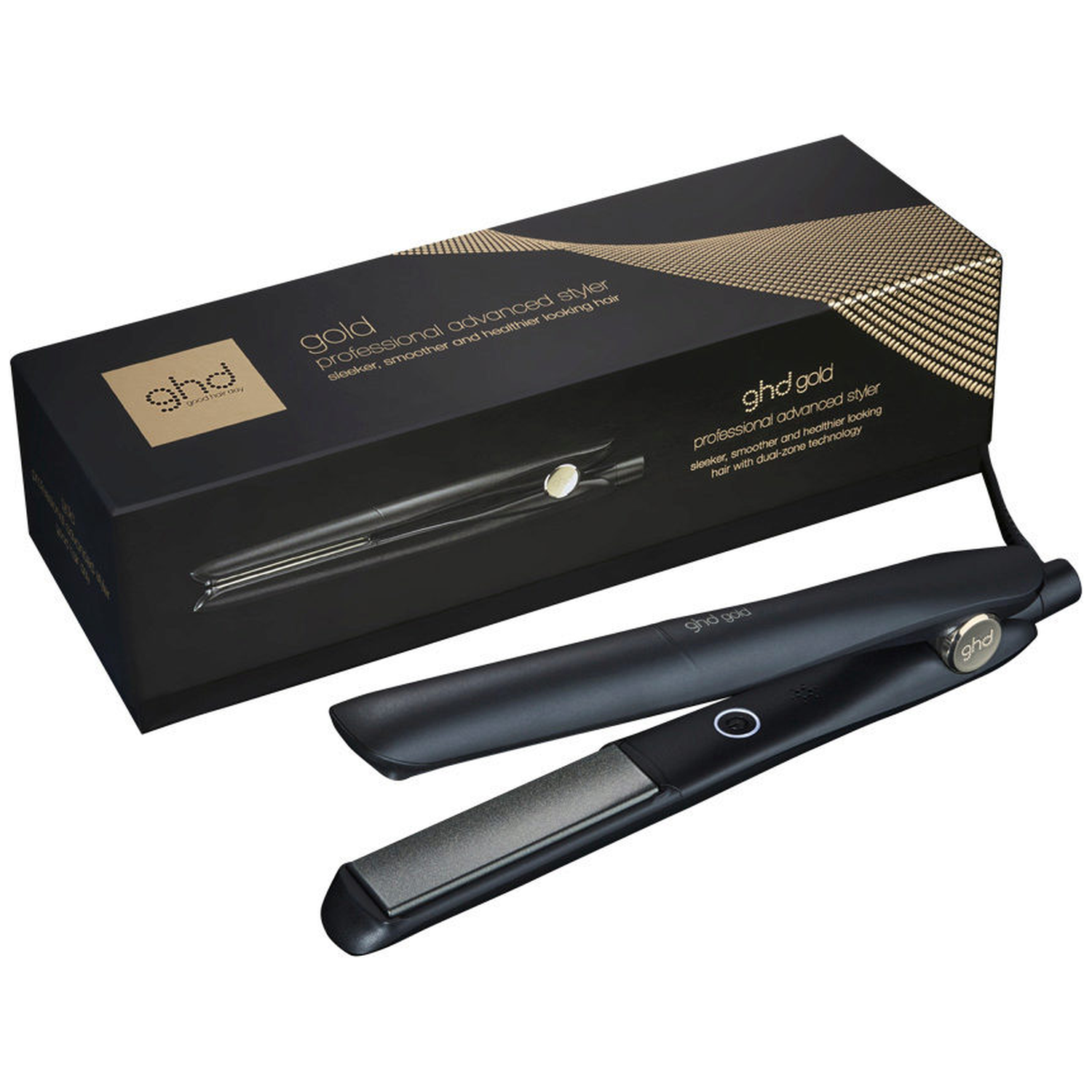 A black GHD Gold hair straightener lies next to its box.