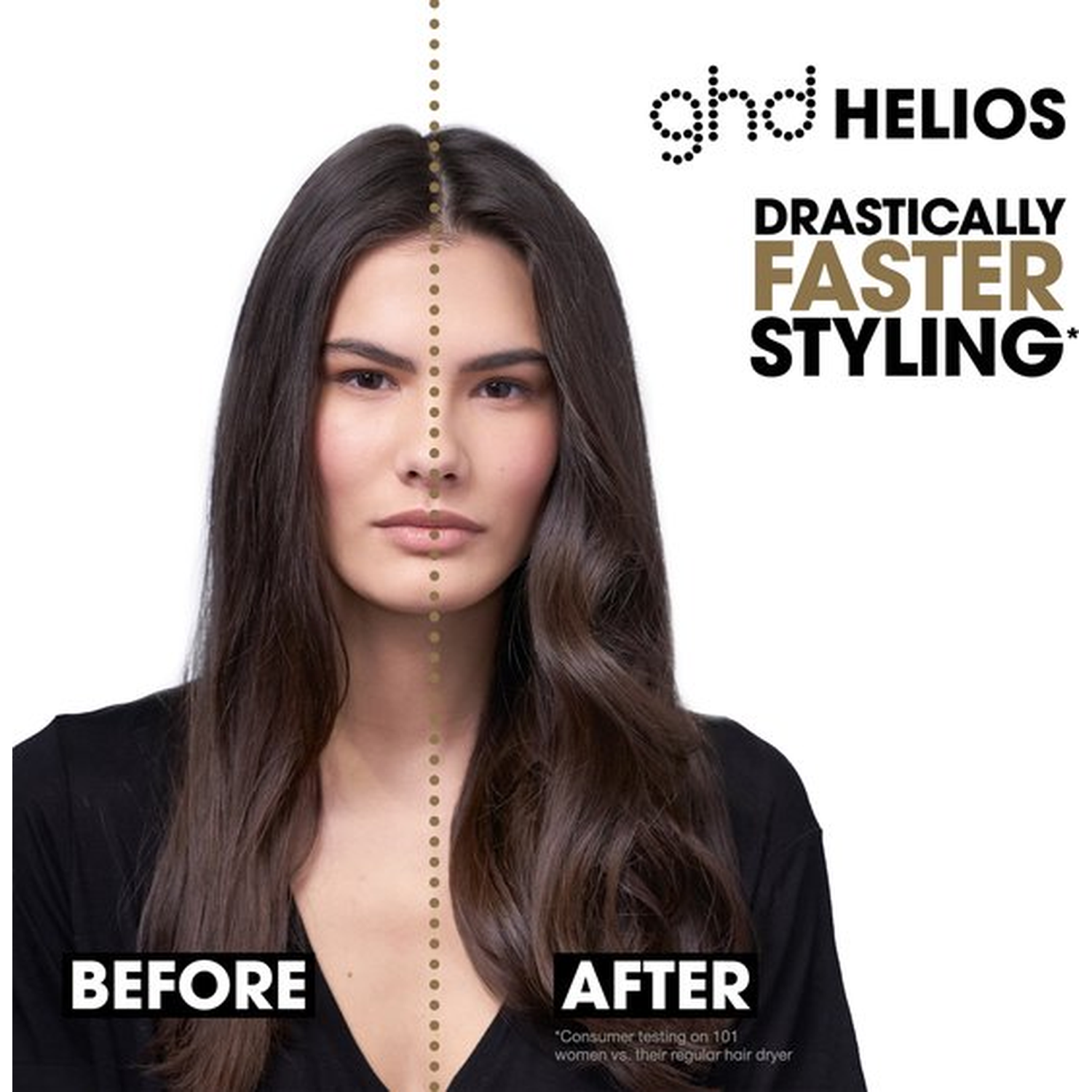 Voor en na gesplitst scherm van vrouw met lang bruin haar die ghd Helios föhn gebruikt.