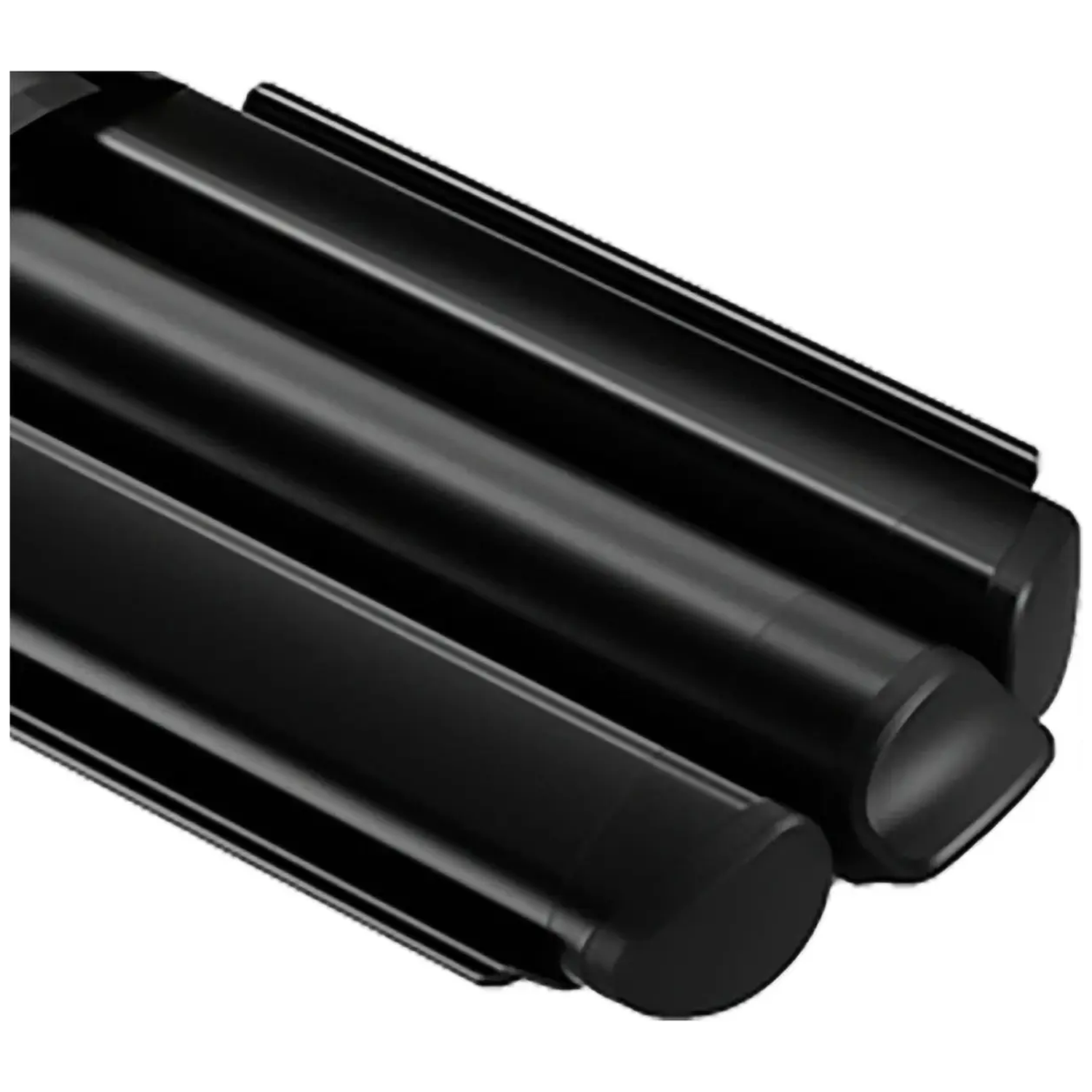 Three black, glossy, cylindrical rods lie side-by-side.