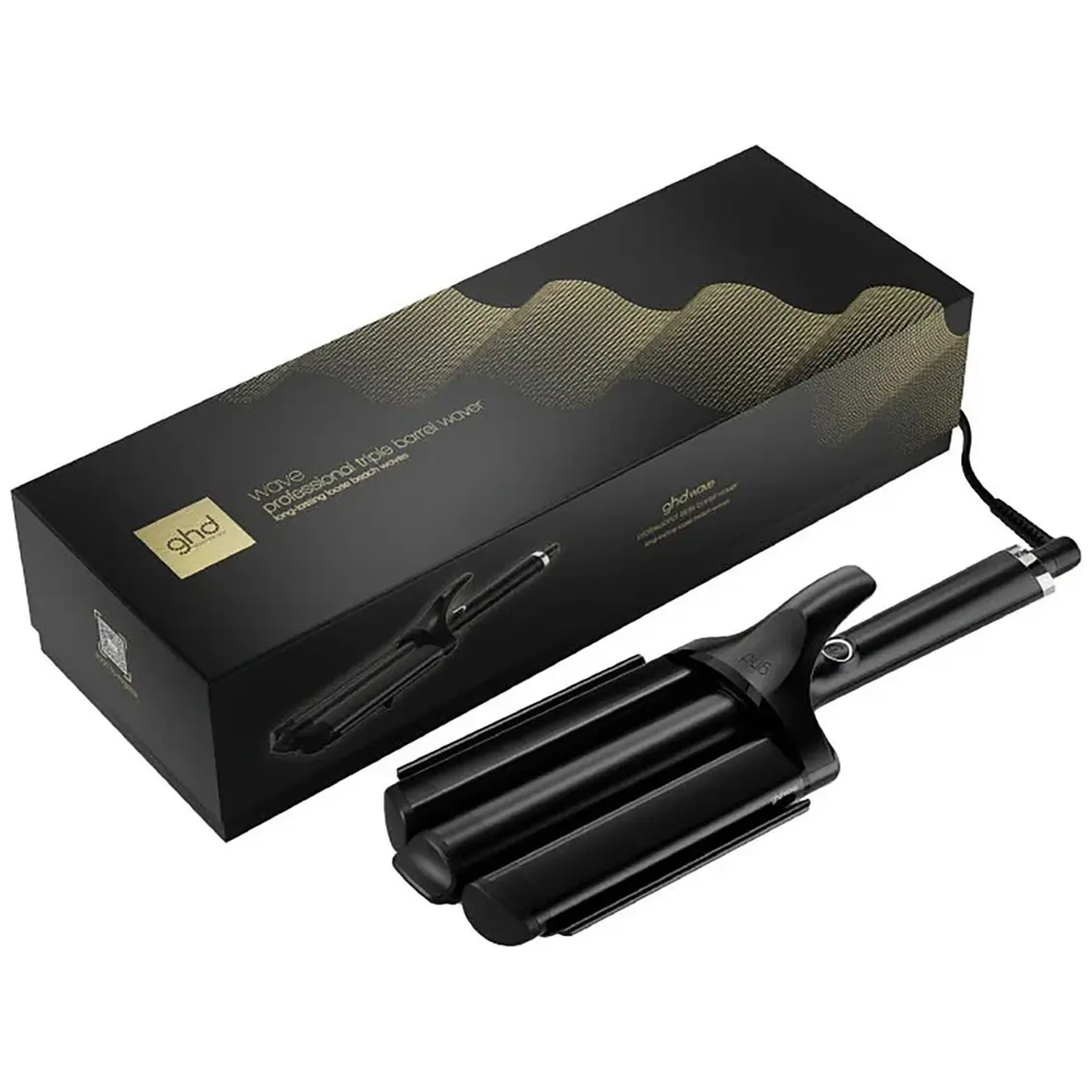 Black triple barrel waver with black packaging featuring a wave design.