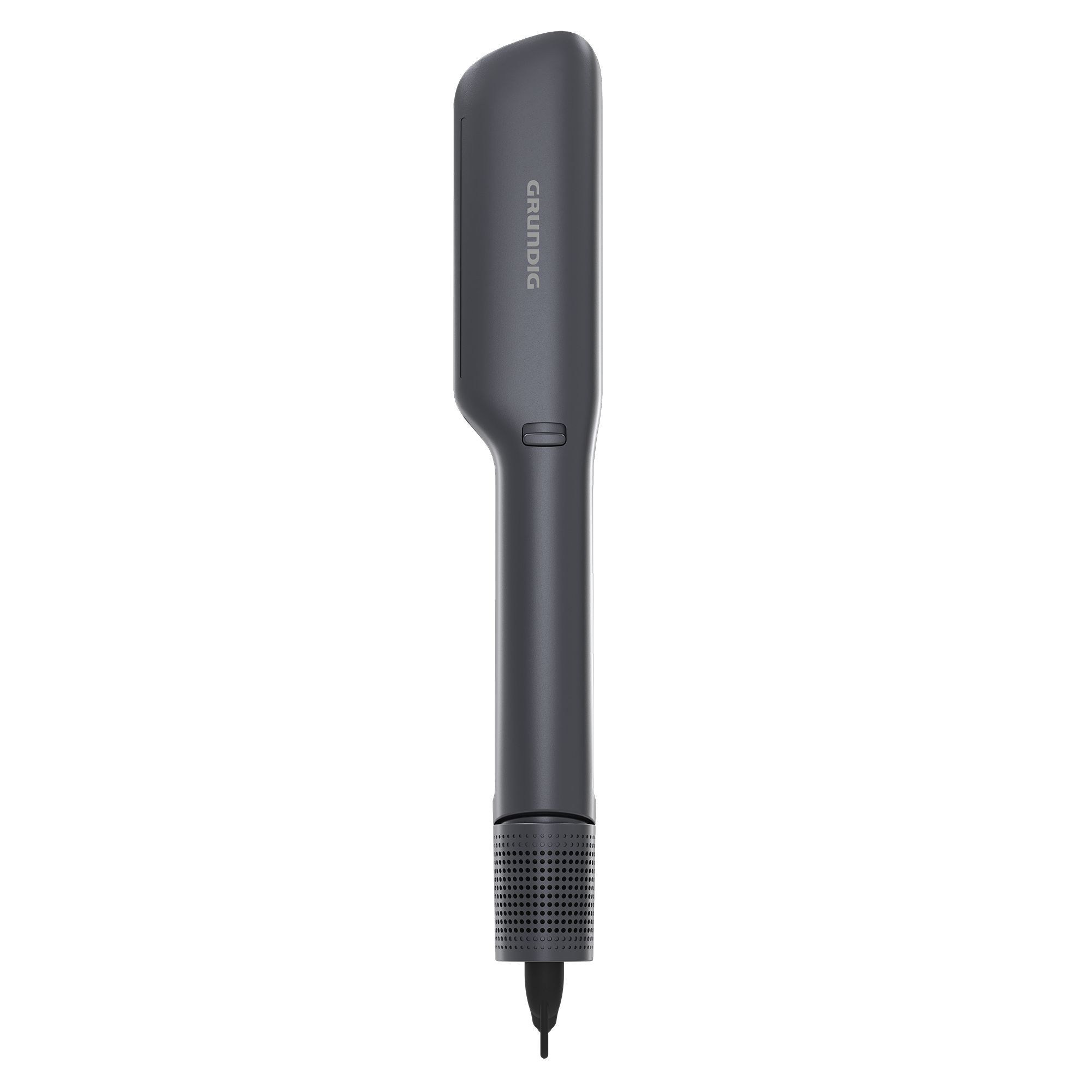 Üst kısmında GRUNDIG logosu bulunan gri saç düzleştirici.