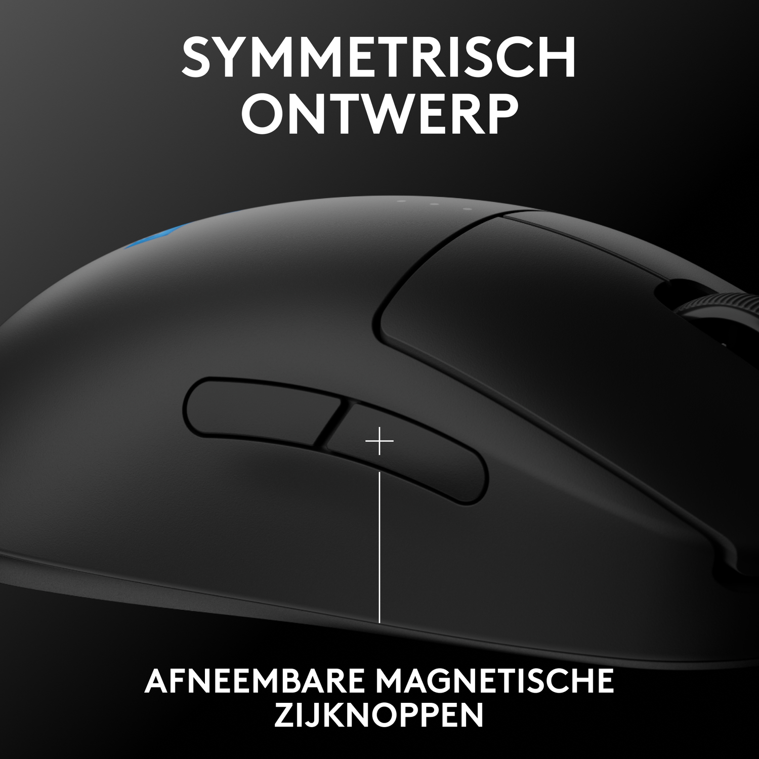 Black mouse with symmetrical design and removable magnetic side buttons.