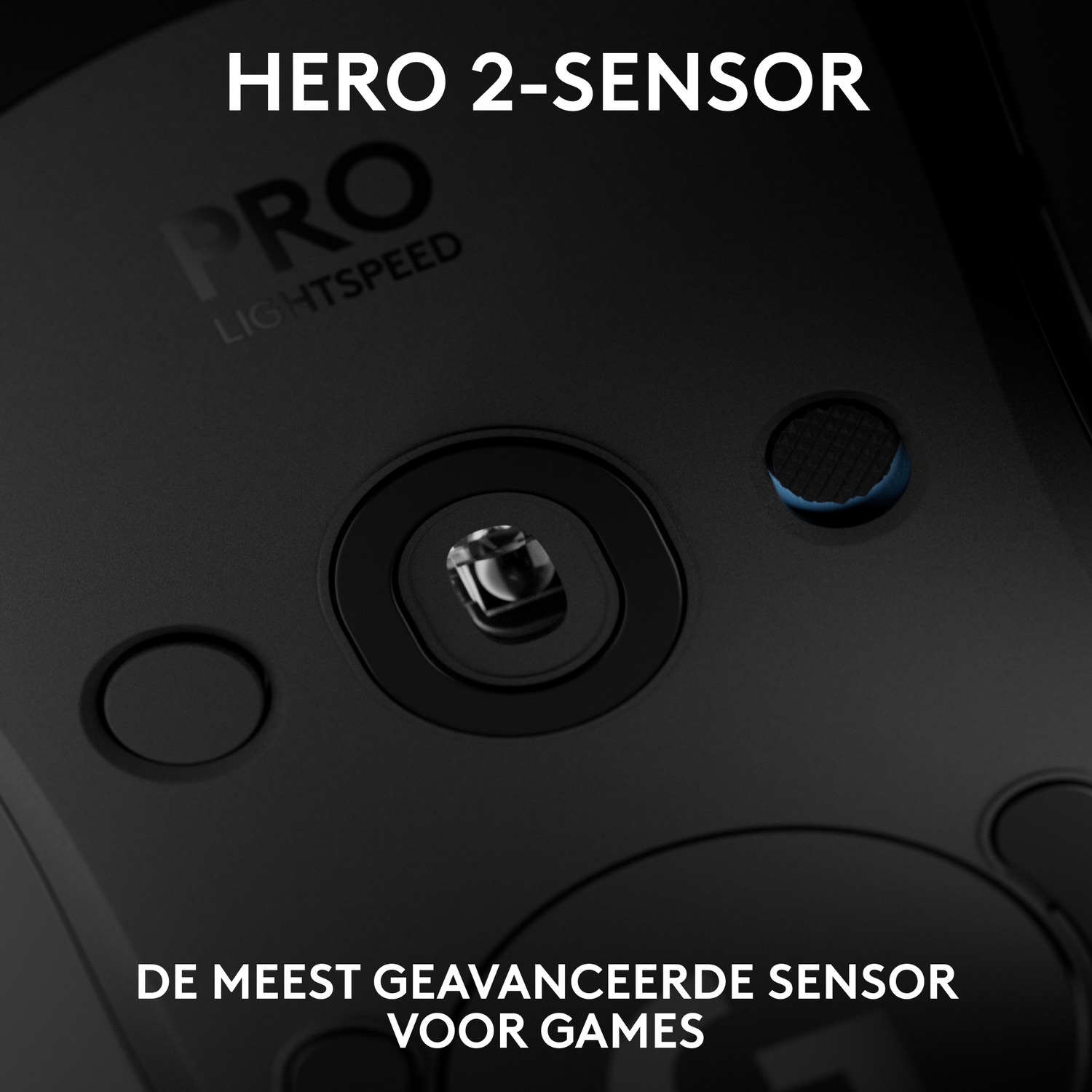 Close-up of a black gaming mouse. Text reads: HERO 2-SENSOR.