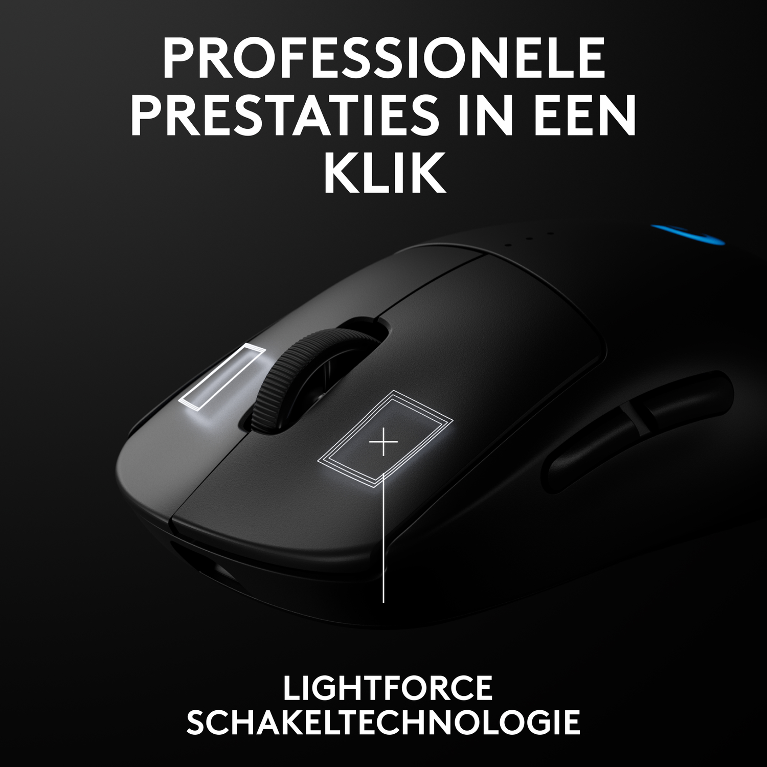 Black computer mouse with a scroll wheel and illuminated accents on a dark background.