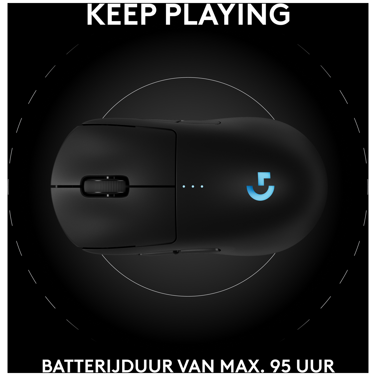 Black Logitech gaming mouse with blue logo and dots.