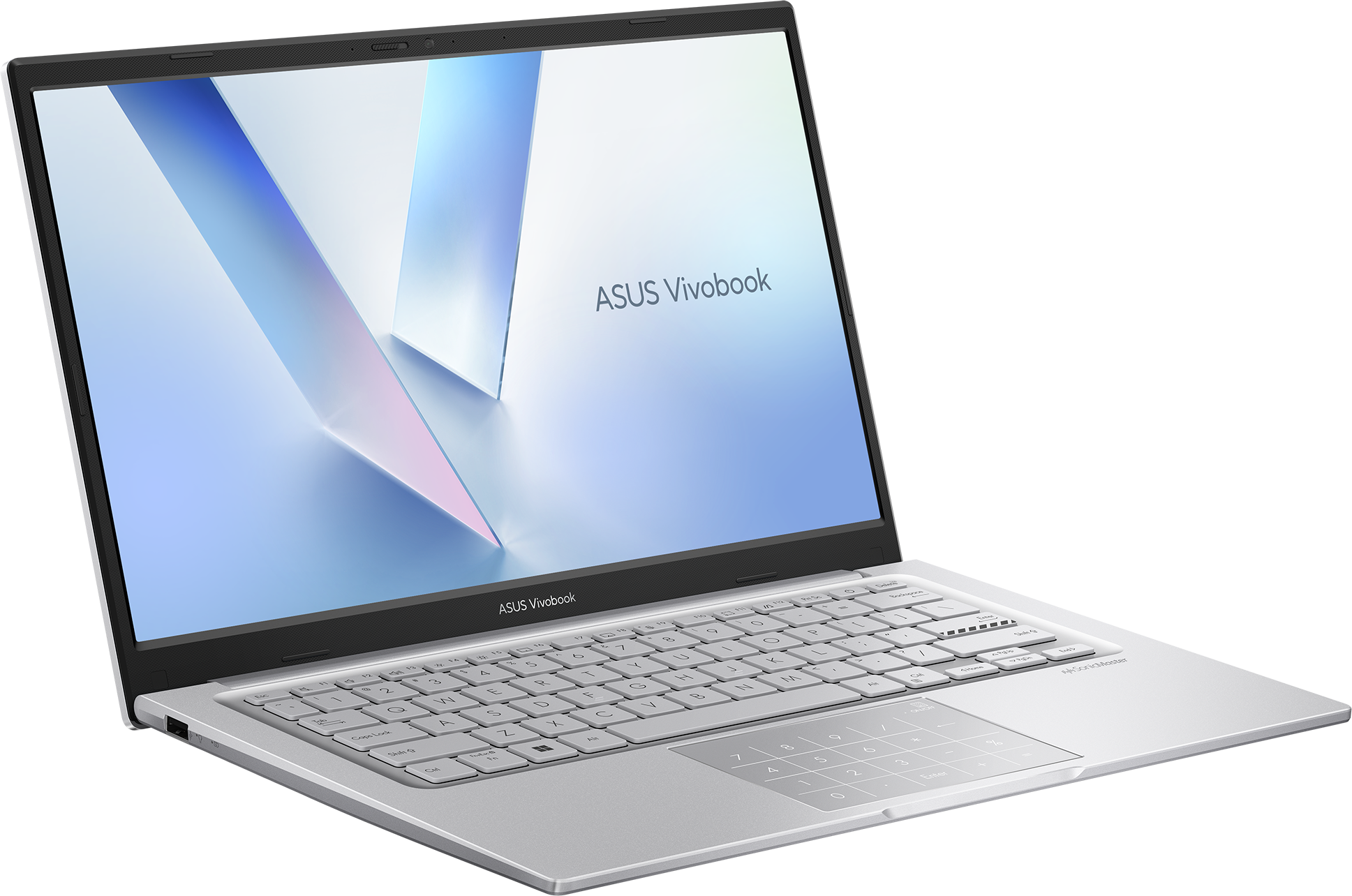 Silberner ASUS Vivobook Laptop mit beleuchteter Tastatur und Ziffernblock.
