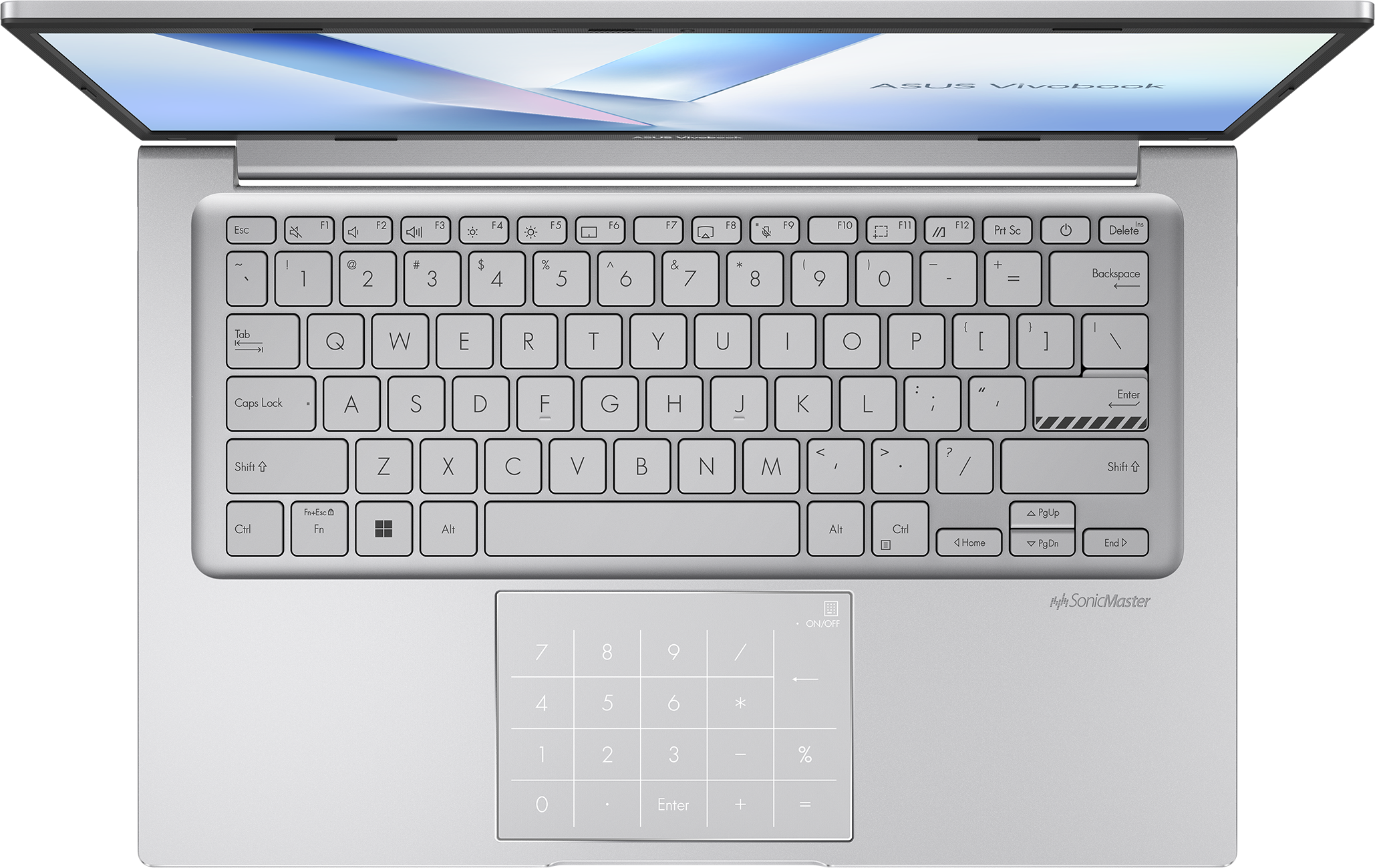 Ein silberner Laptop ist geöffnet und zeigt die Tastatur und das Touchpad.