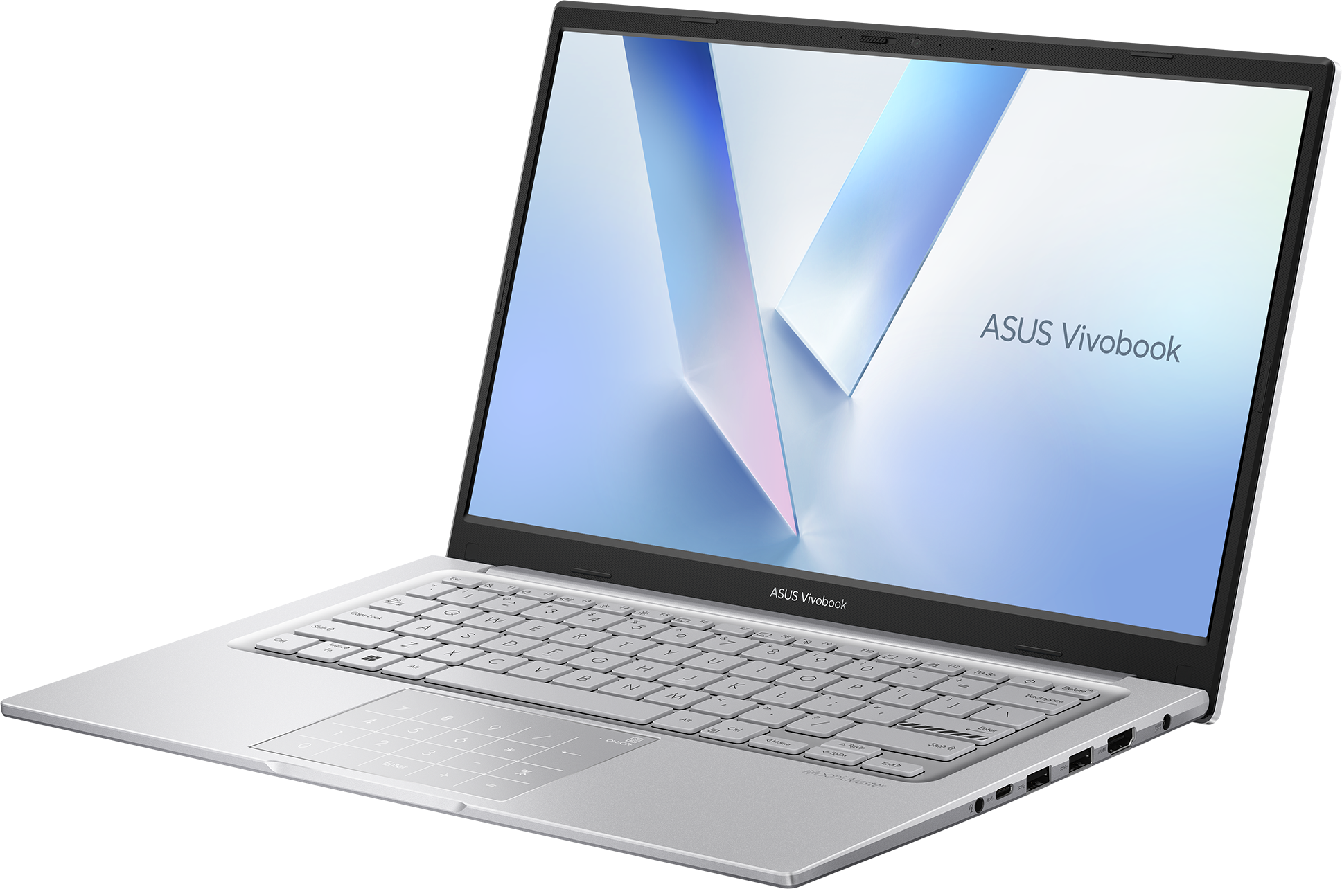 Ein silberner Asus Vivobook Laptop mit Tastatur und Touchpad.