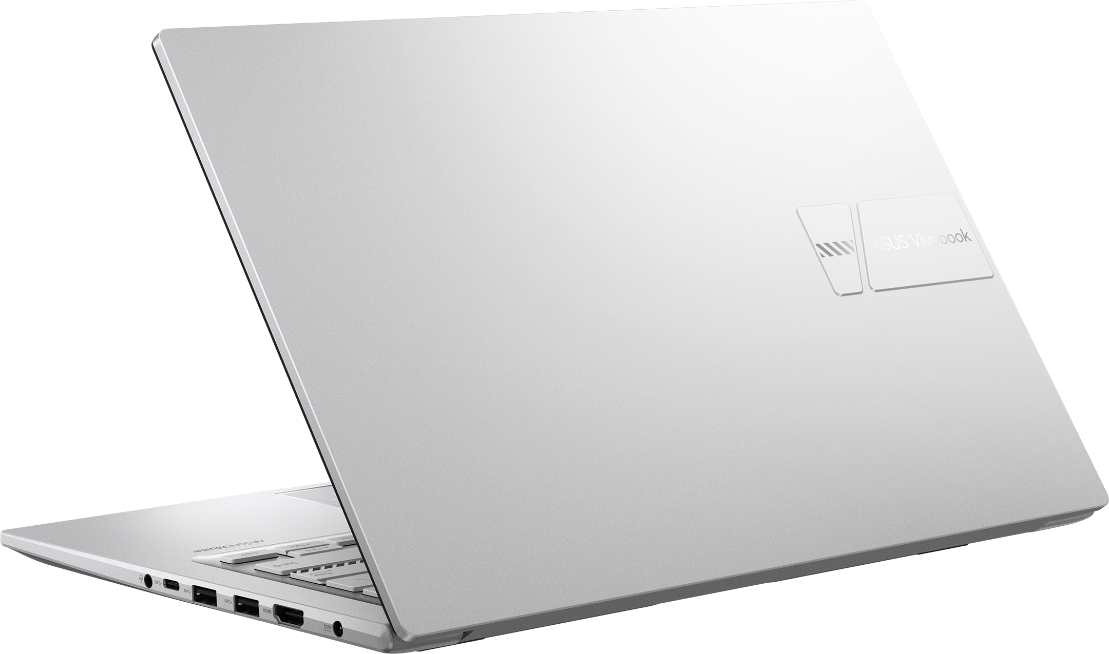 Ein silberner Asus Vivobook Laptop, von der Seite gezeigt, mit geöffnetem Deckel.