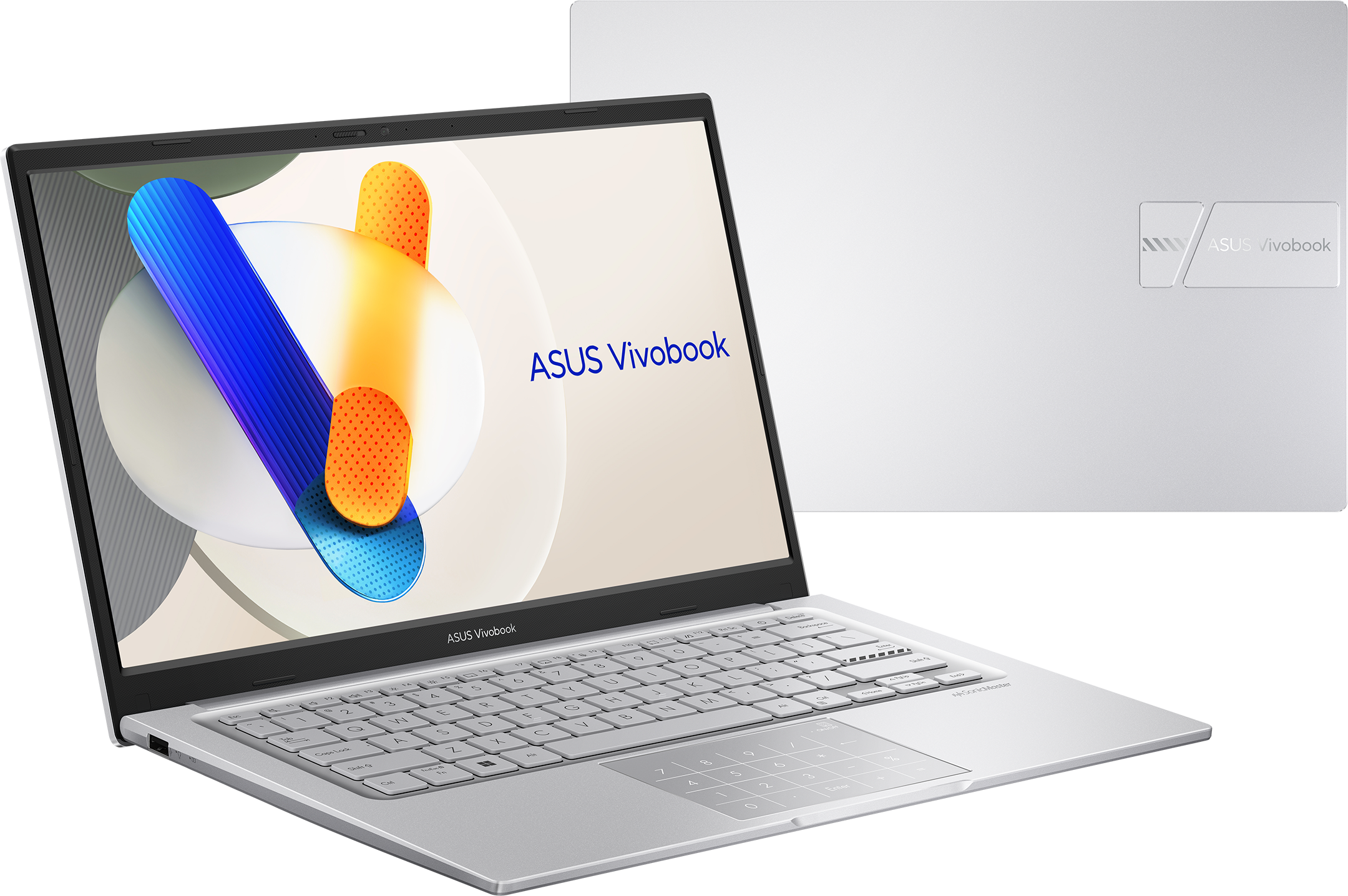 Ein silberner ASUS Vivobook Laptop ist geöffnet, daneben liegt die Rückseite eines geschlossenen Laptops.