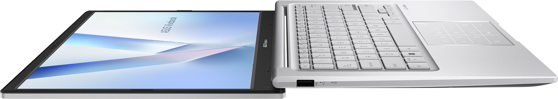 Ein silberner Laptop mit beleuchtetem Bildschirm und Tastatur.