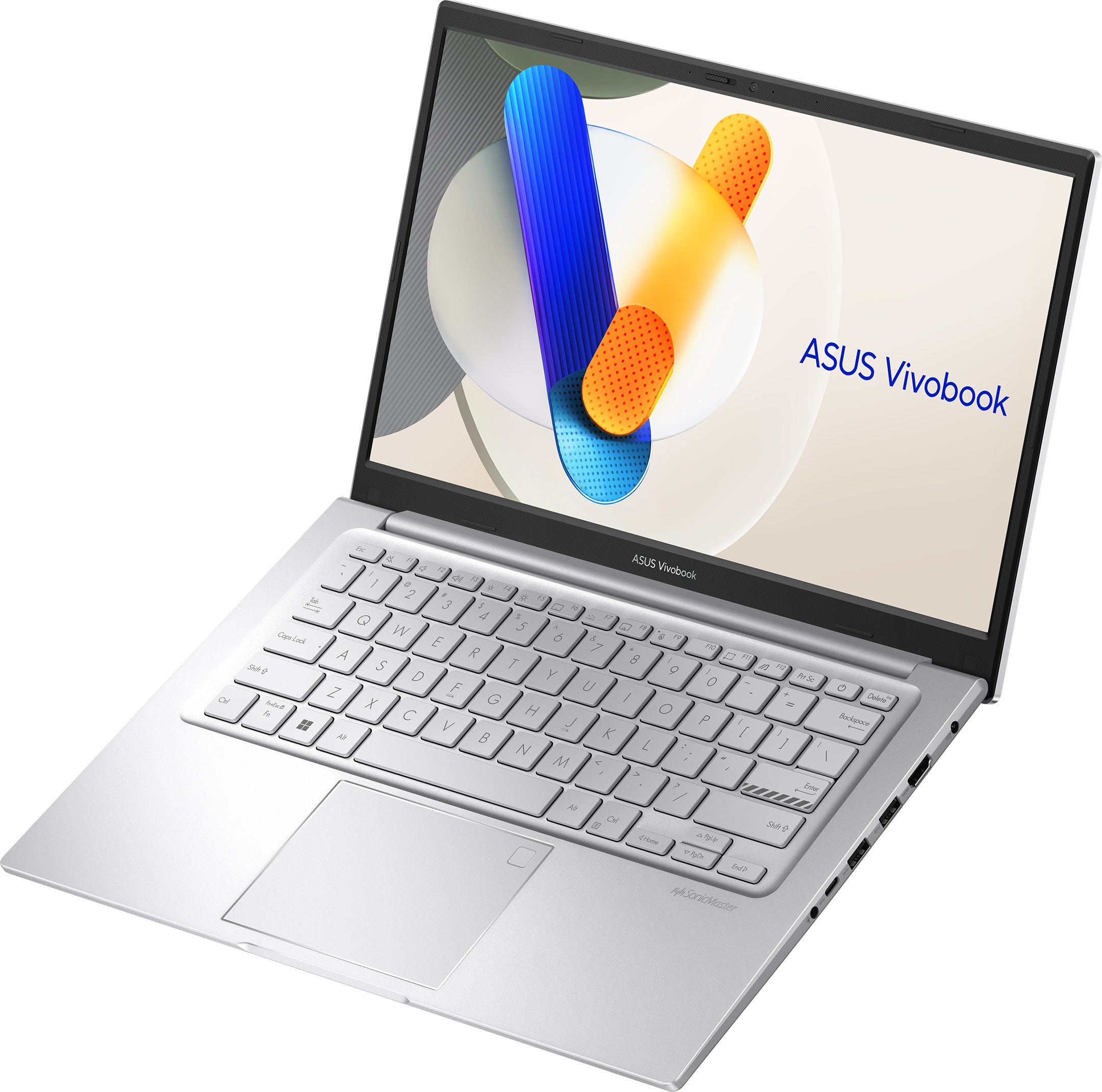 Ein offener silberner ASUS Vivobook Laptop mit Tastatur und Touchpad.
