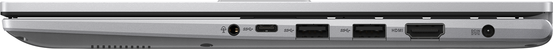 Silbernes Laptop mit Anschlüssen: Audio, USB, HDMI, DCIN.