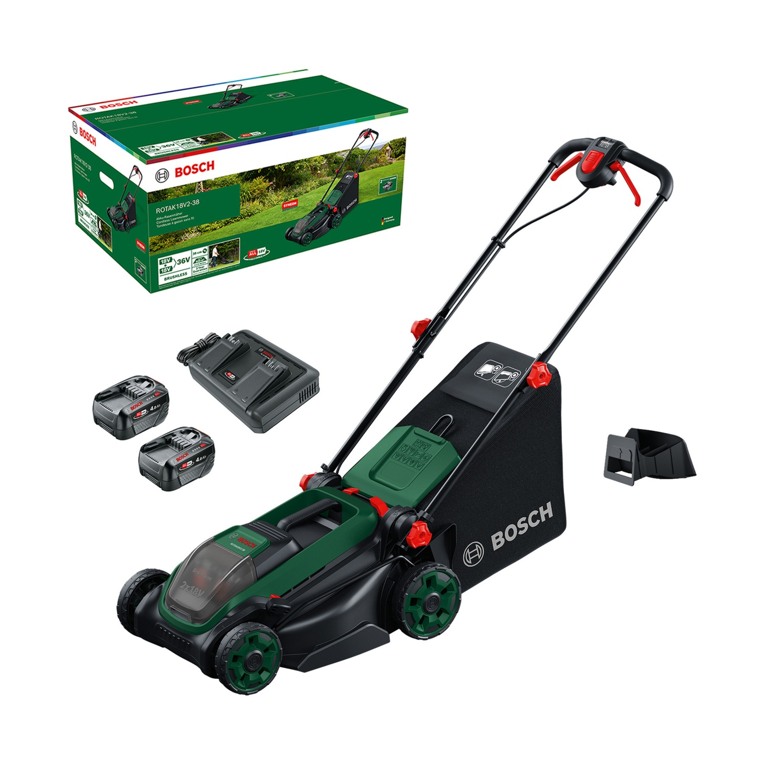 Tosaerba Bosch verde con batterie, caricabatterie e imballaggio.