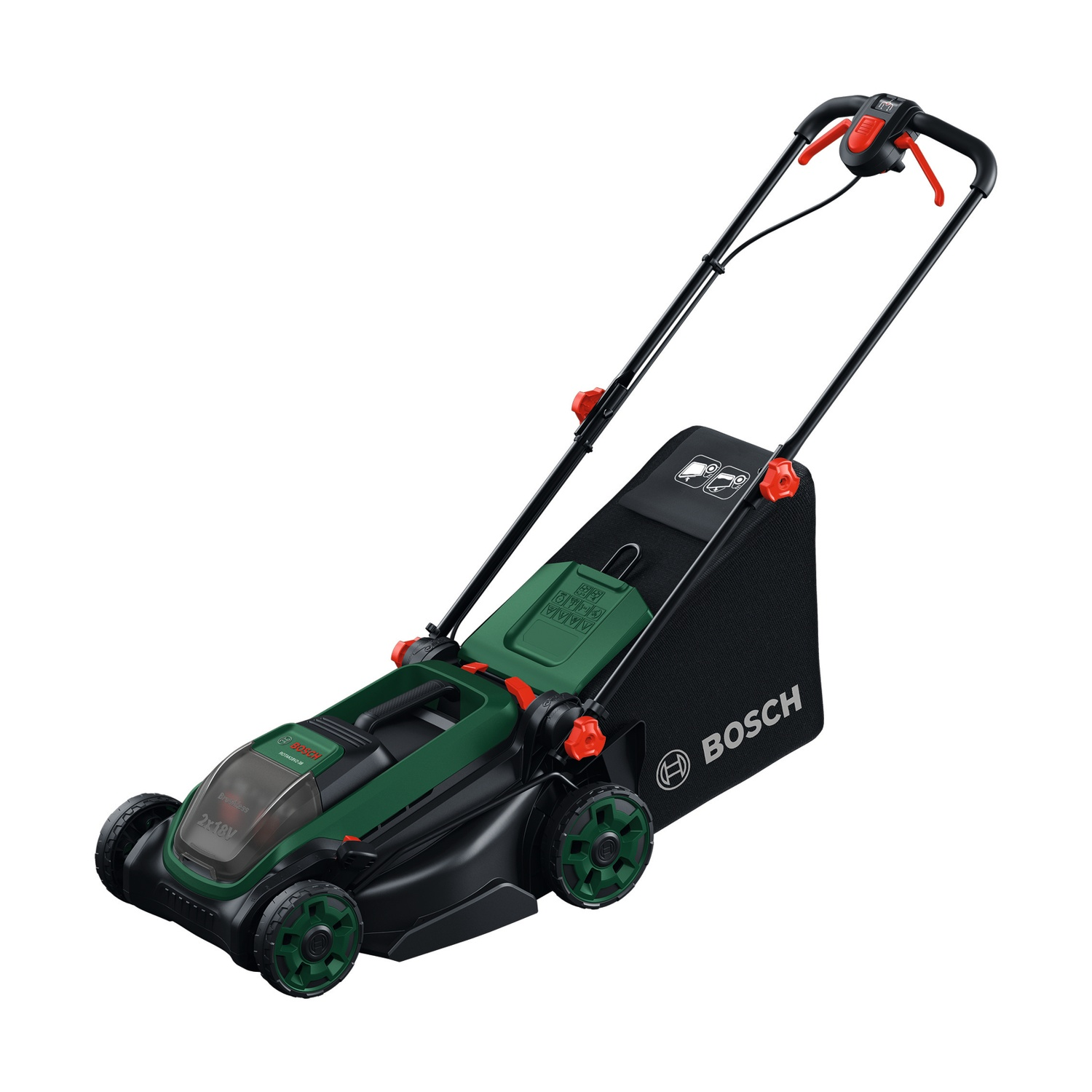 Un tosaerba Bosch verde e nero con cesto raccoglierba.