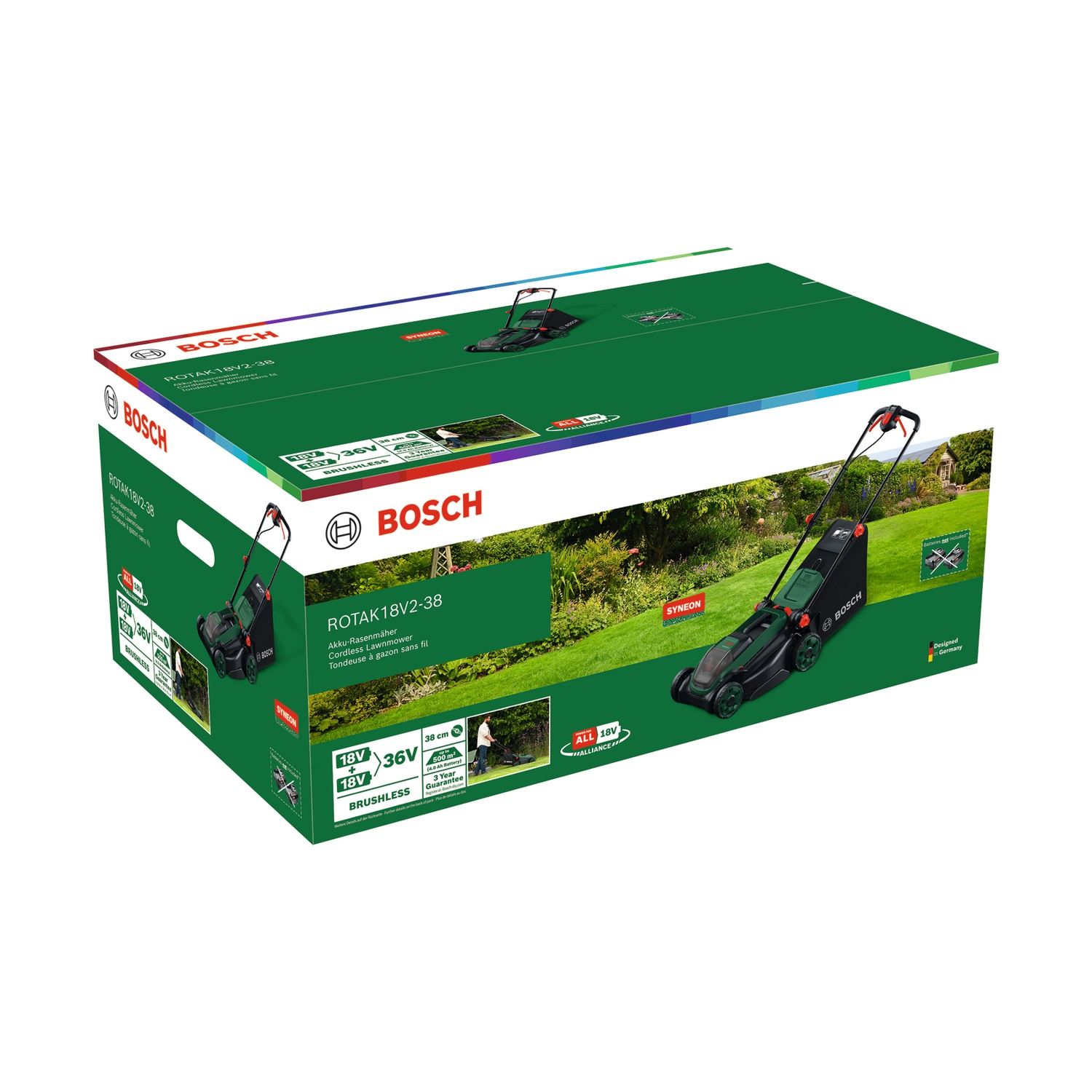 Imballaggio tosaerba a batteria Bosch ROTAK 18V2-38 con dettagli prodotto.