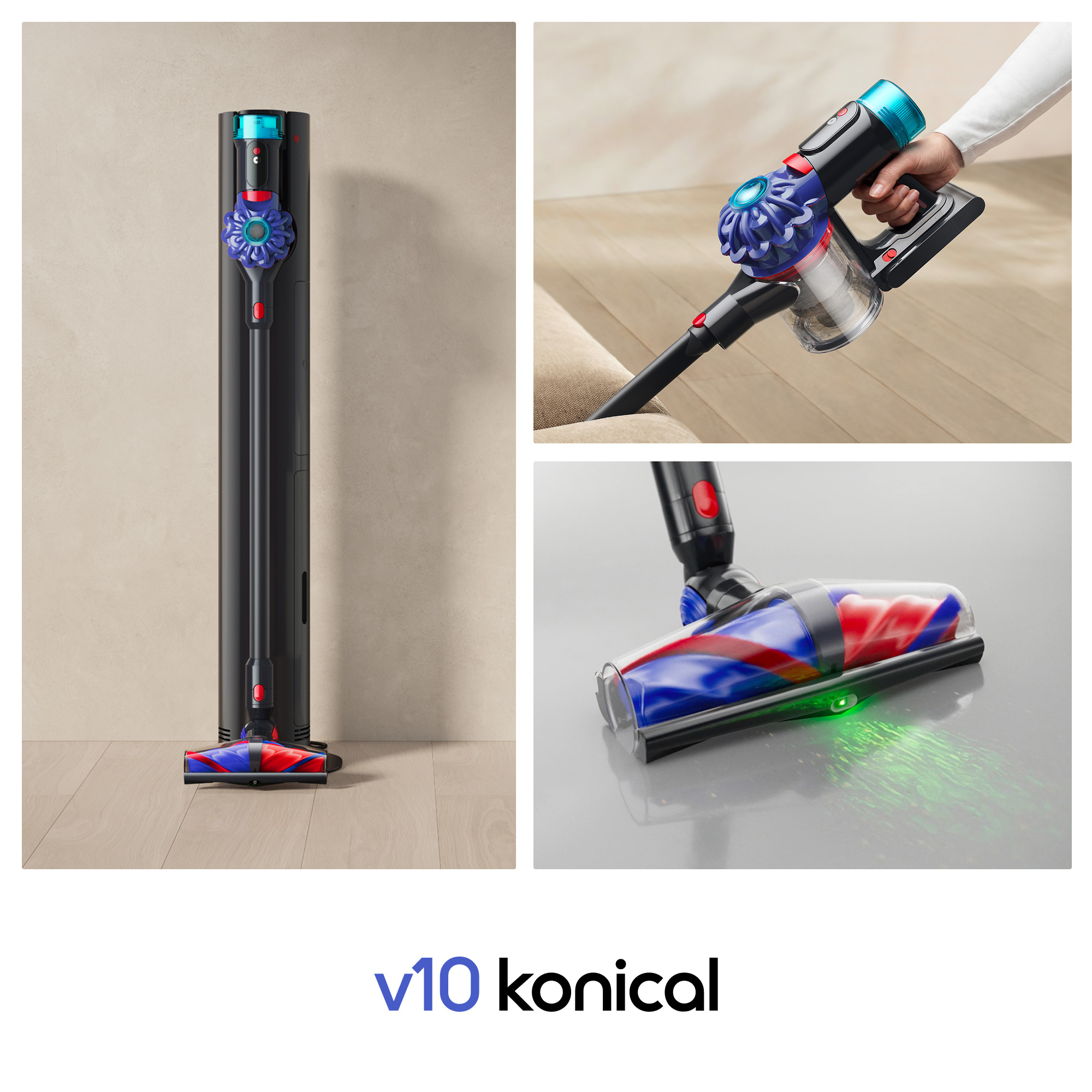 Dyson V10 Konical Staubsauger: stehend, in Gebrauch, Bürstenkopf mit Licht.