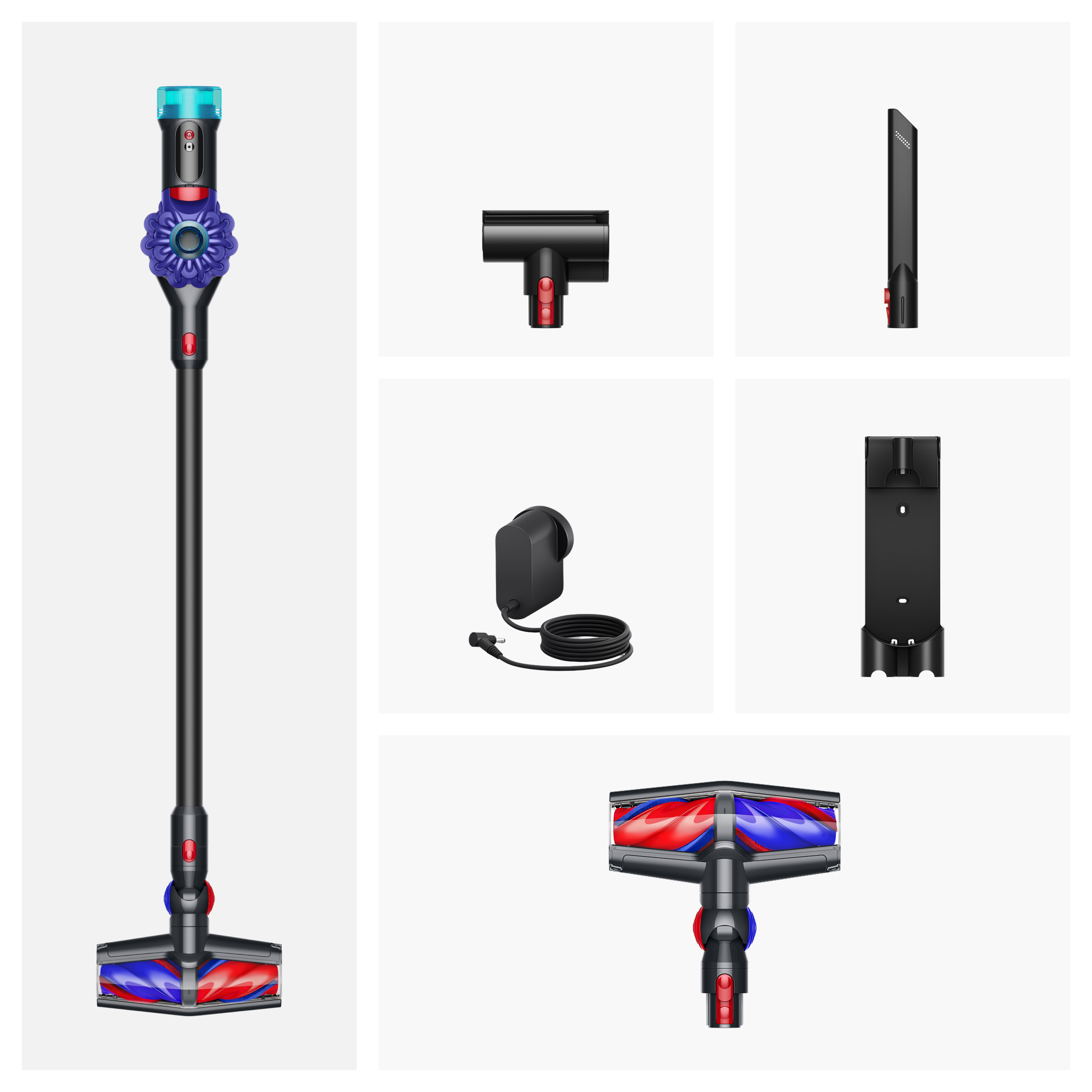 Ein Dyson-Staubsauger mit Zubehör, darunter ein Ladegerät und eine Wandhalterung.