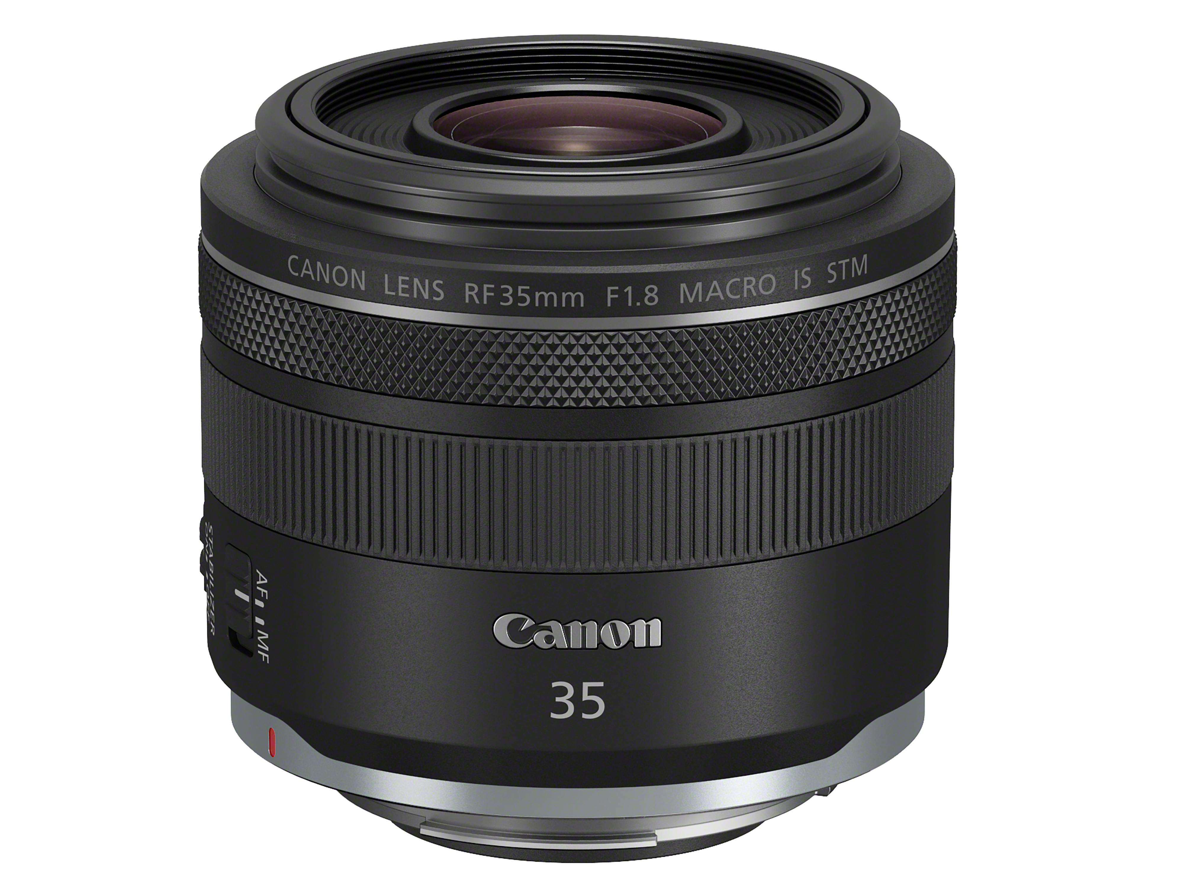 Önden görünümüyle siyah bir Canon RF 35mm F1.8 Makro IS STM lens.