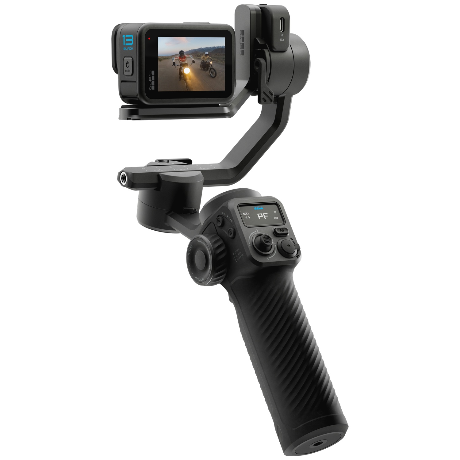 Caméra GoPro noire sur un stabilisateur cardan avec commandes. L'écran montre deux motocyclistes.