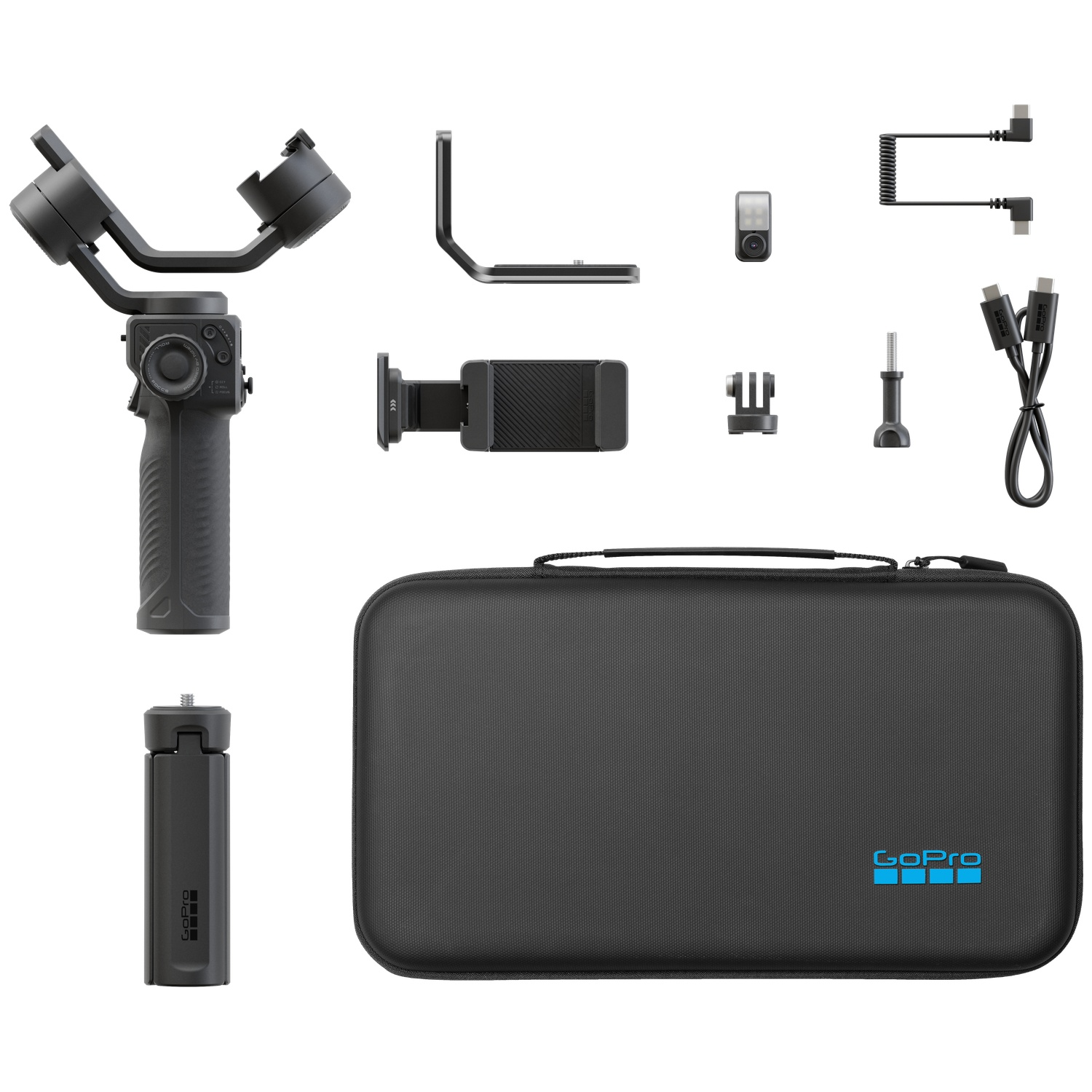 Gimbal GoPro noir avec accessoires et étui.