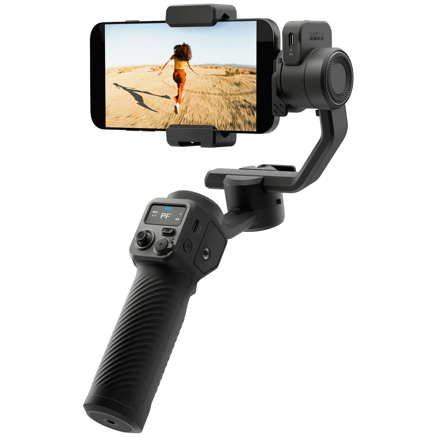 Gimbal noir tenant un smartphone montrant une femme courant dans un désert.